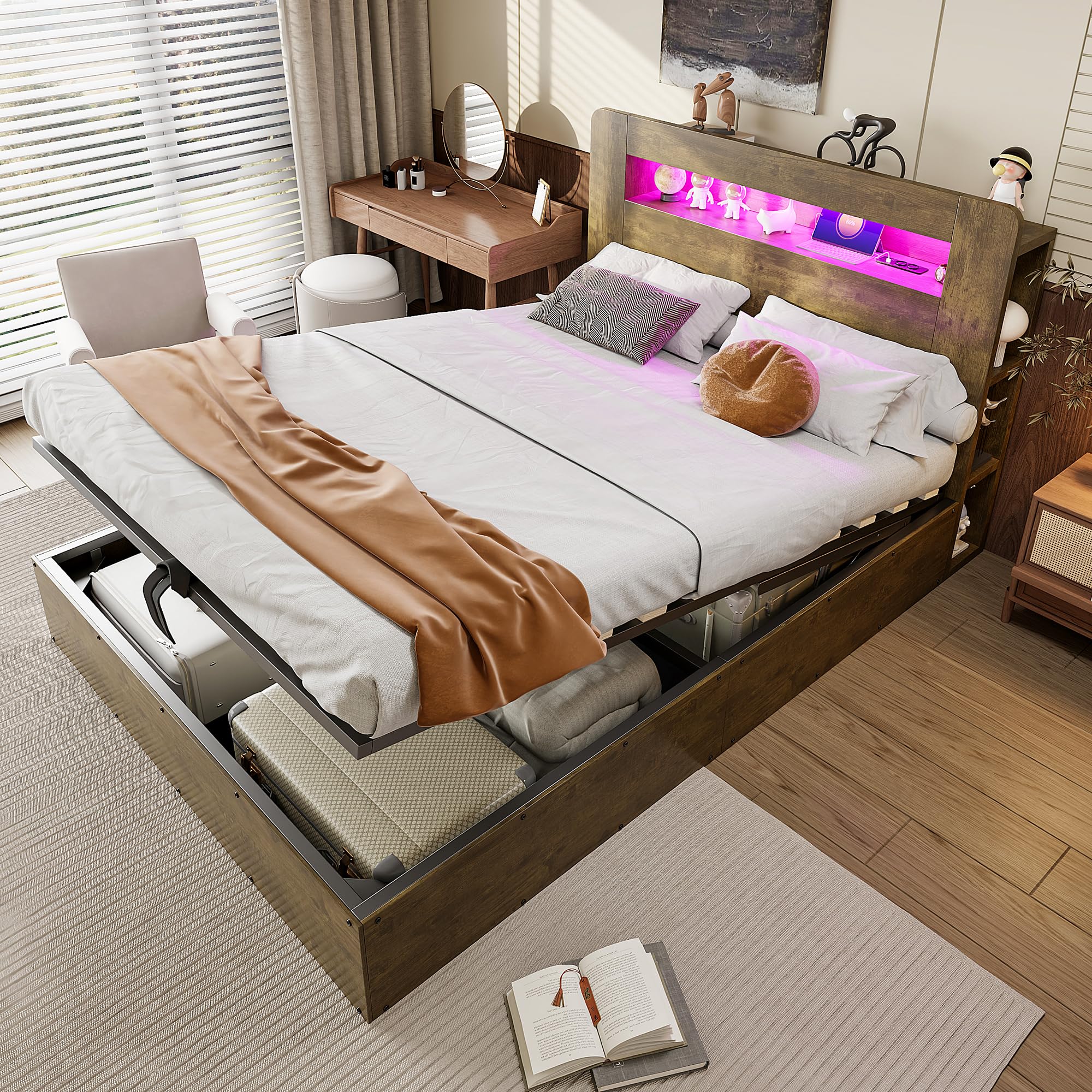 Camas Juveniles Cama 140x200 cm con Enchufe y USB, Camas Matrimoniales con LED y Cabecero de Almacenaje, Cama Doble con Almacenamiento Hidráulico, Somier de Madera, Sin Colchón, Madera Vintage