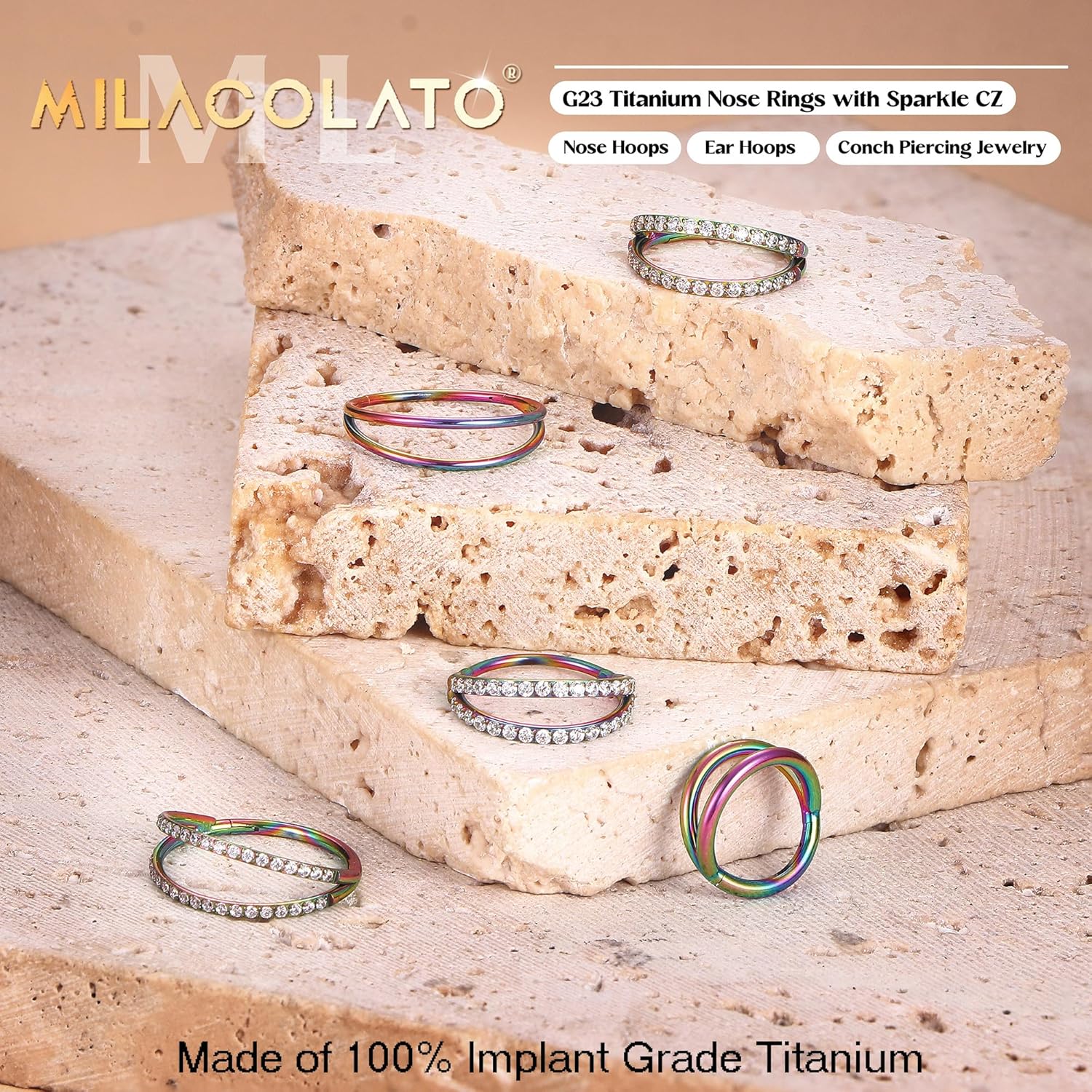 MILACOLATO G23 Titanium Nose Rings Hoops 16G 18G 20G Double Hoop Septum Click Nose Rings Lip Rook Lobe Tragus Helix Cartilage Daith Conch Earrings Clear CZ Paved Nose Piercing Jewelry for Women Men - Image 2