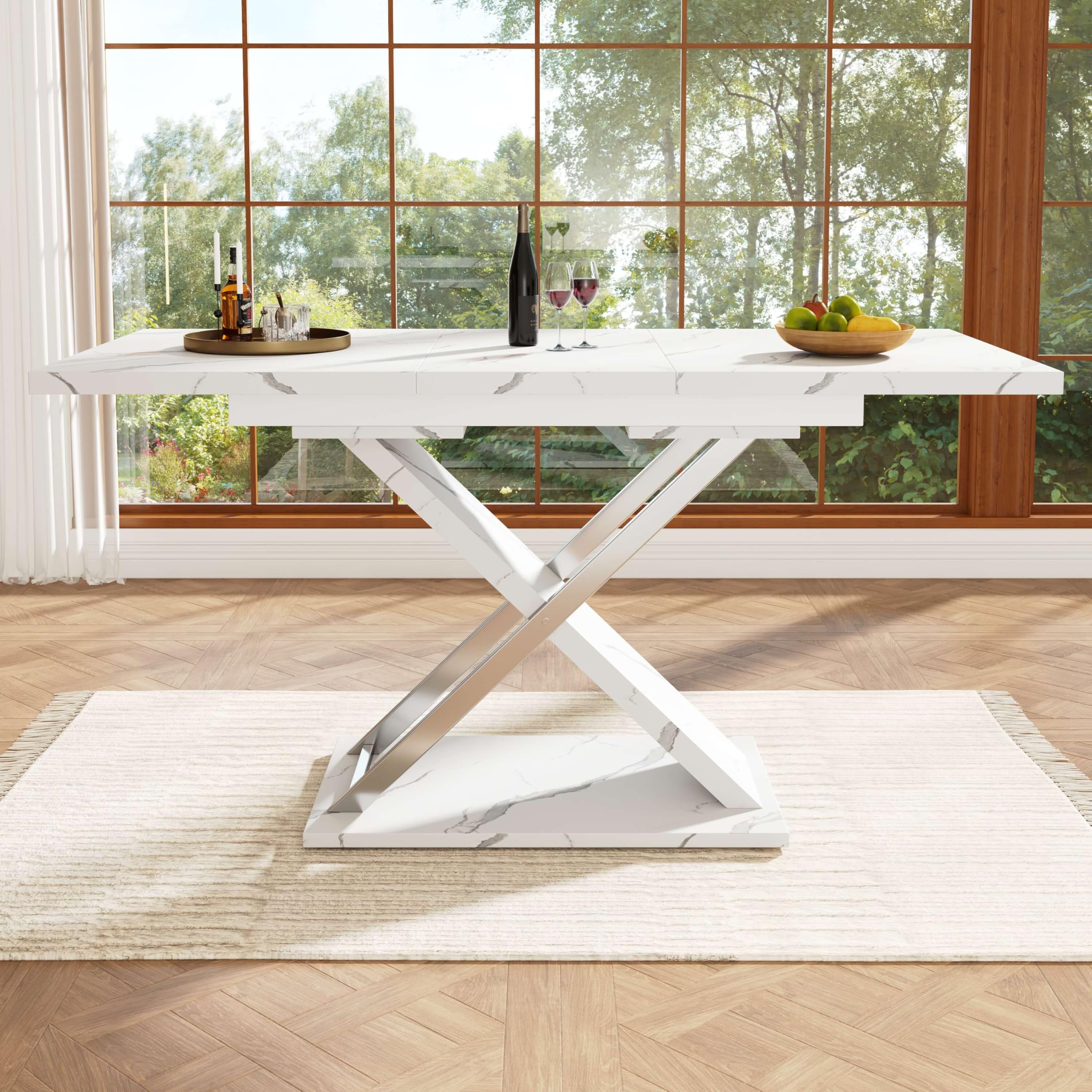 Esstisch Ausziehtisch (118/157×75cm), Küchen-Wohnzimmertisch, Anstecktisch, Ausziehbar auf 118-157cm mit Hilfe von Innenliegender Einlegeplatte, Esstisch mit Kreuzbeinen，Weiß & Silber