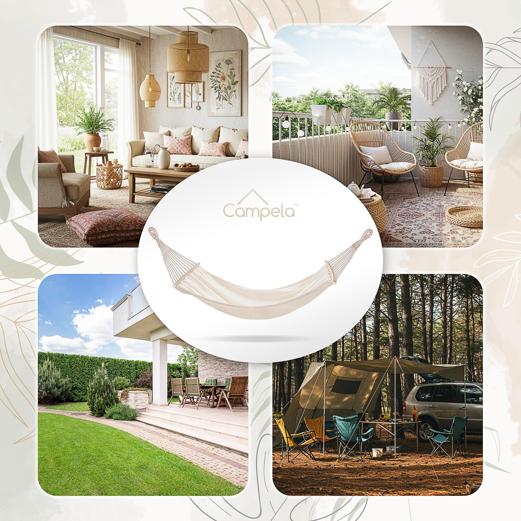 Amaca Doppia 200x150 cm Portata 240 kg Boho Beige Cotone Poliestere Giardino Terrazza