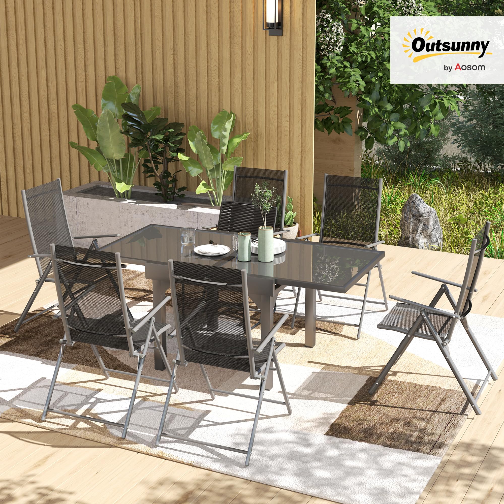 Outsunny Set Tavolo e Sedie da Esterno 7 Pezzi, Tavolo Allungabile con Piano in Vetro, 6 Sedie Pieghevoli con Braccioli, Acciaio e Textilene, Grigio