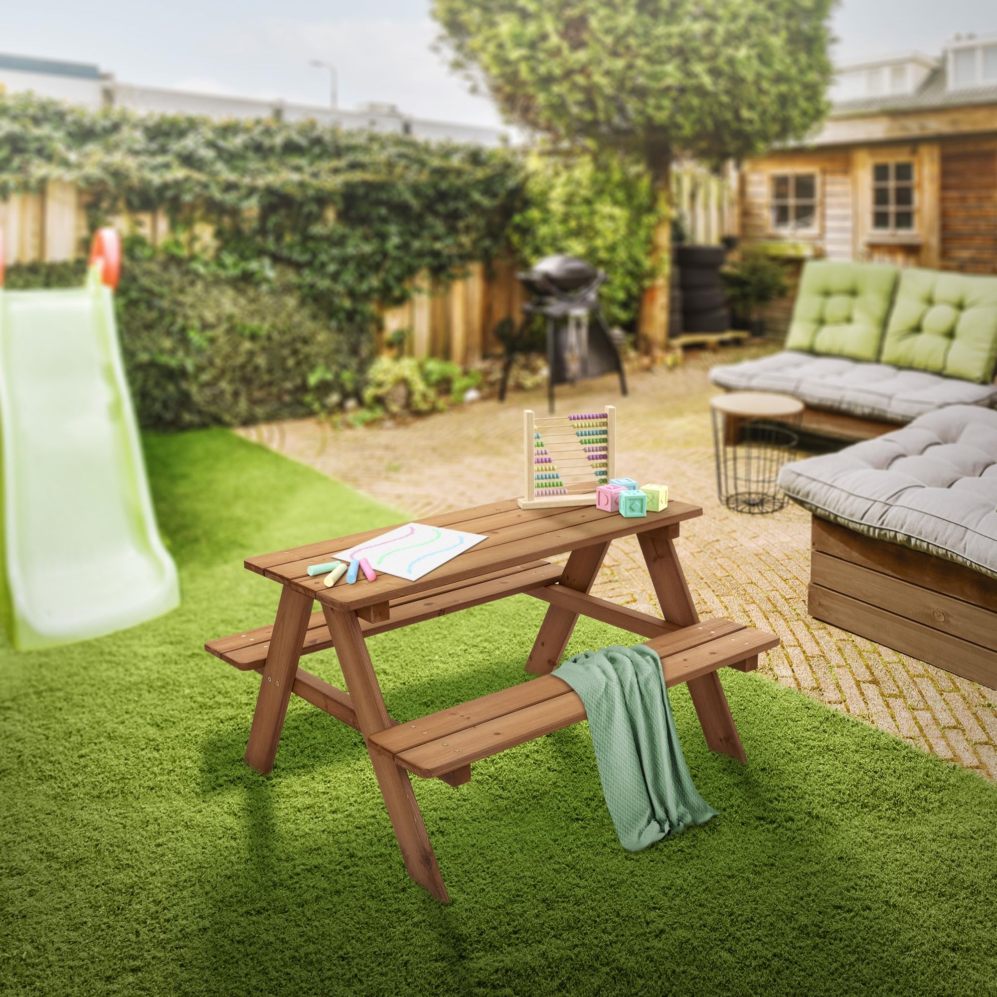ML-Design Set di Sedute da Esterno per Bambini Marrone in Legno Massiccio Set con 2 Panche e Tavolo da Picnic da Giardino con 4 Sedute Mobili con 2 Panche Incorporate per Bambini da Gioco