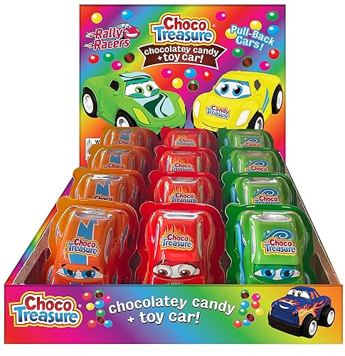 Choco Treasure Surprise Cars | Bandejas de 12 autos de carreras de rally pull-back | 17 juguetes coleccionables