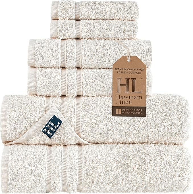 Hawmam Linen Cream 6 Piece Bath Towels Set for Bathroom Original Turkish Cotton