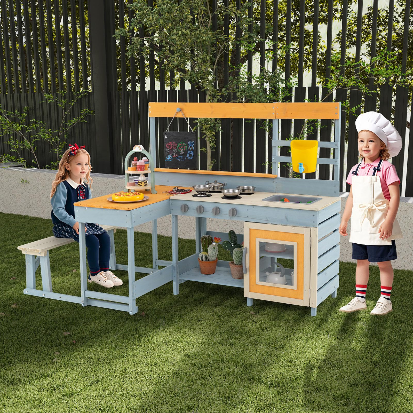 FANTASK Matschküche Kinder aus Holz, Outdoor Spielküche mit Picknicktisch & Bank, Kinderküche mit Wasserhahn, Spüle, Tafel & Zubehör, für Kinder ab 3 Jahren