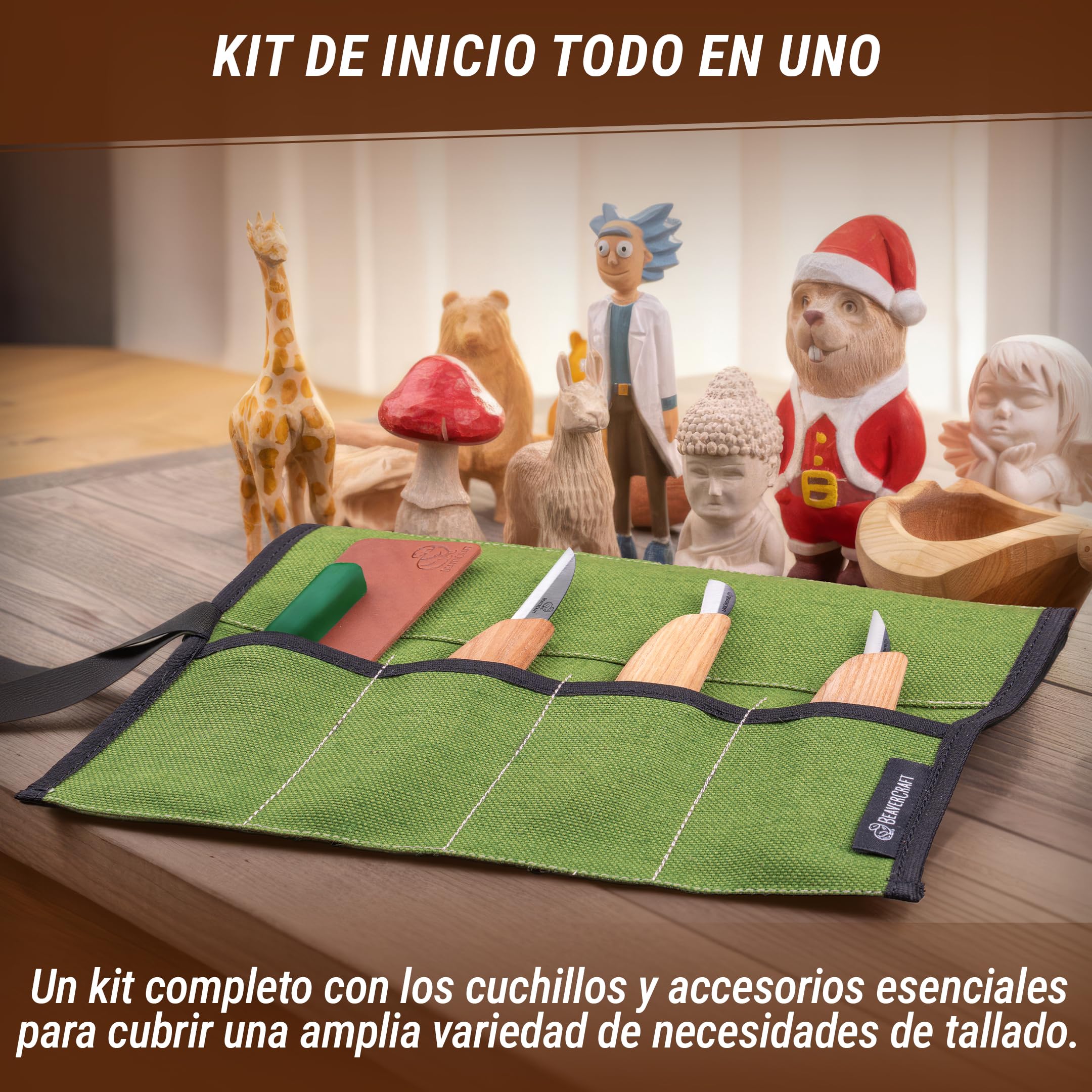 BeaverCraft Kit Cuchillos Tallado Madera S15 – Kit Whittling para Principiantes y Niños, Con Cuchillo Detalle Sloyd, Correa de Cuero, Compuesto de Pulido y Tutoriales