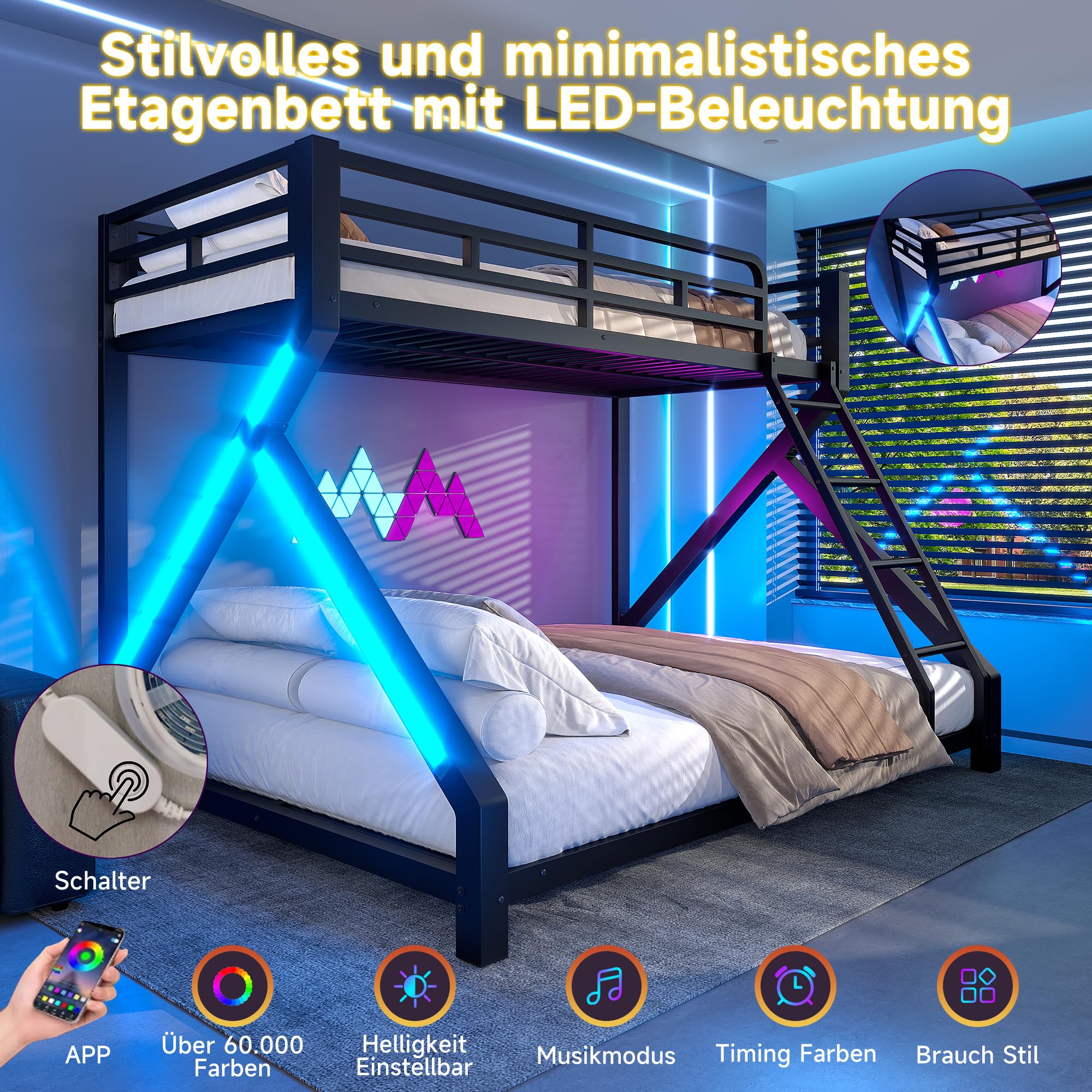 Litera con LED para niños y adultos, cama infantil con barandilla y escalera, hierro 90x200+140x200 cm, negro