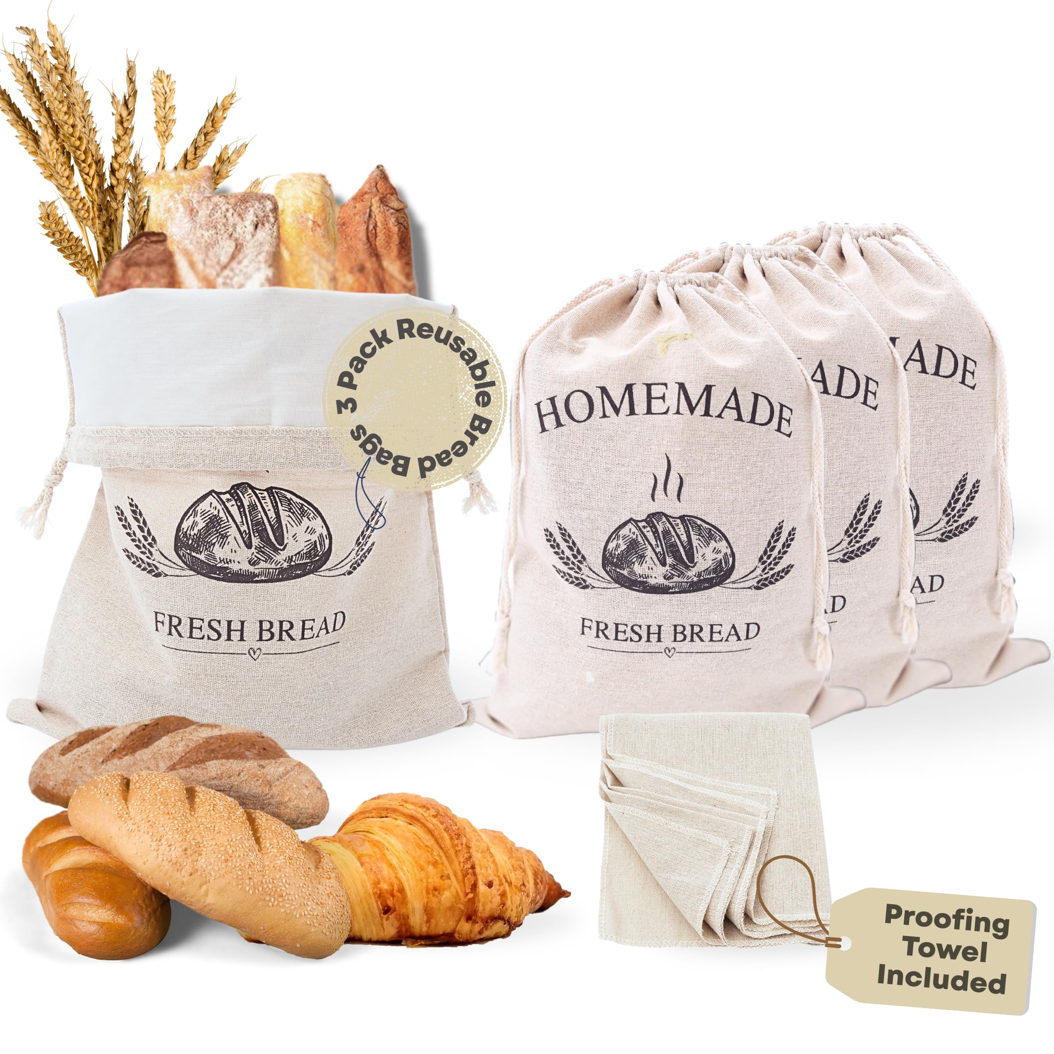 Linen Bread Bags for Homemade Bread – 3 Pack with Bonus Linen Tea Towel for Proofing | Reusable, Eco-Friendly Sourdough Bags with Moisture-Locking Lining | Perfect for Sourdough, Baguettes & More
