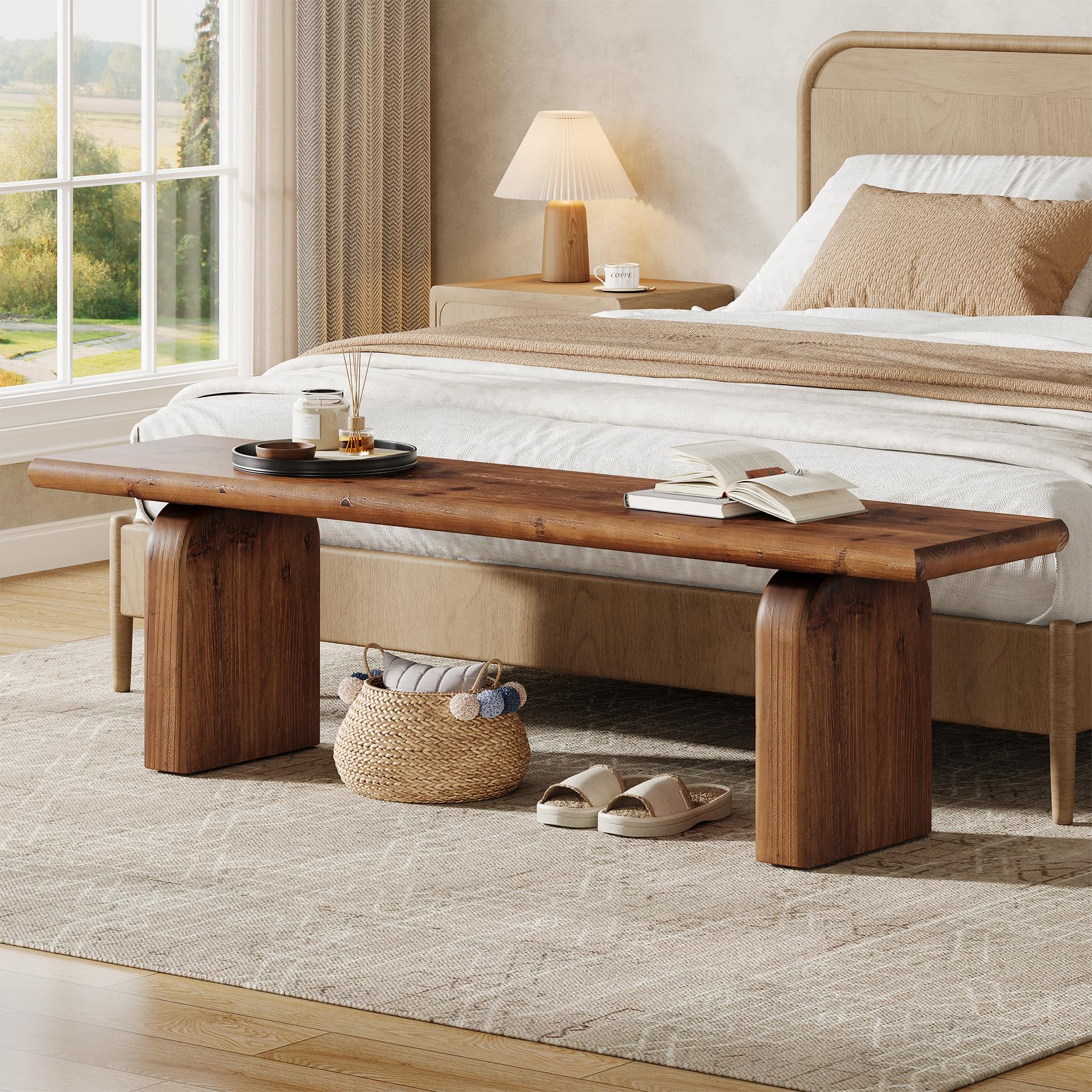 62.99" Solid Wood Entryway Bench, Indoor Wooden End of Bed Bench | Farmhouse Style, Ideal for Entryway, Hallway, Bedroom, Dining Room, Living Room, Easy Assembly, Rustic Brown