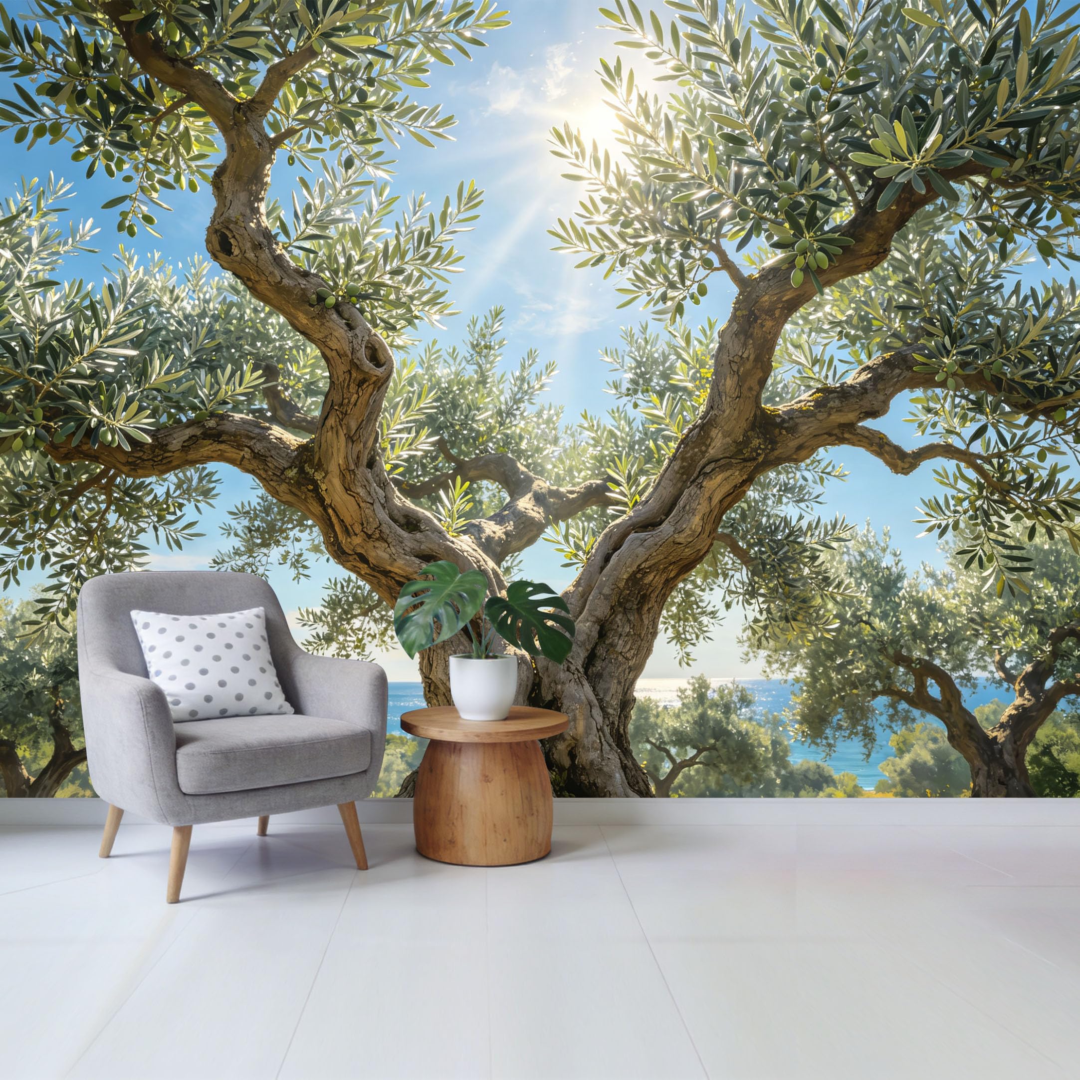 Removable Self Adhesive Fabric Mural， Mediterranean Olive Tree Custom Size Wall Covering， UV Protected Waterproof Washable Wall Decor for Living Room Bedroom Bathroom