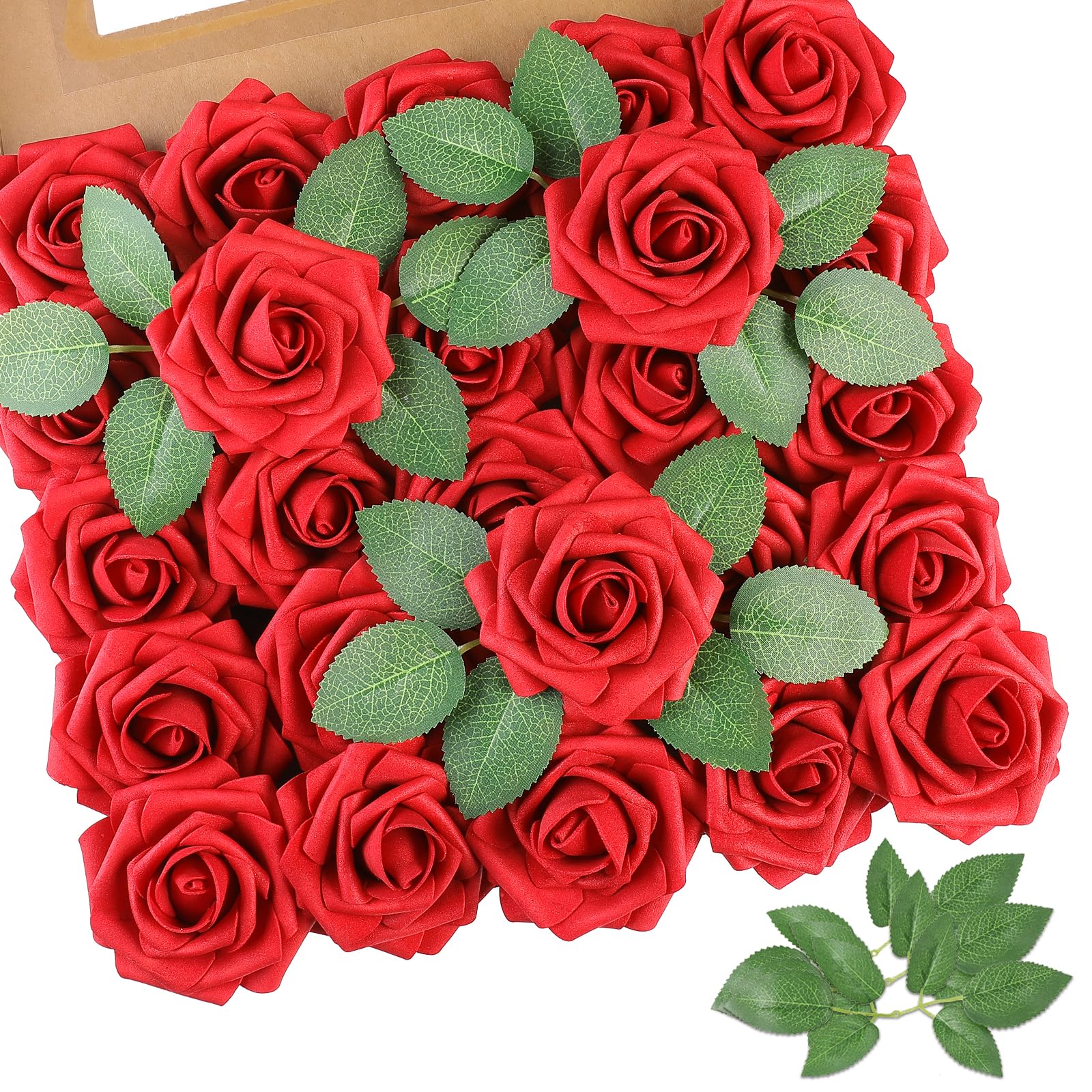 AmyHomie 25pcs Real Looking Artificial Red Roses w/Stem for DIY Wedding Bouquets Centerpieces Arrangements Party Baby Shower Valentines Day Christmas