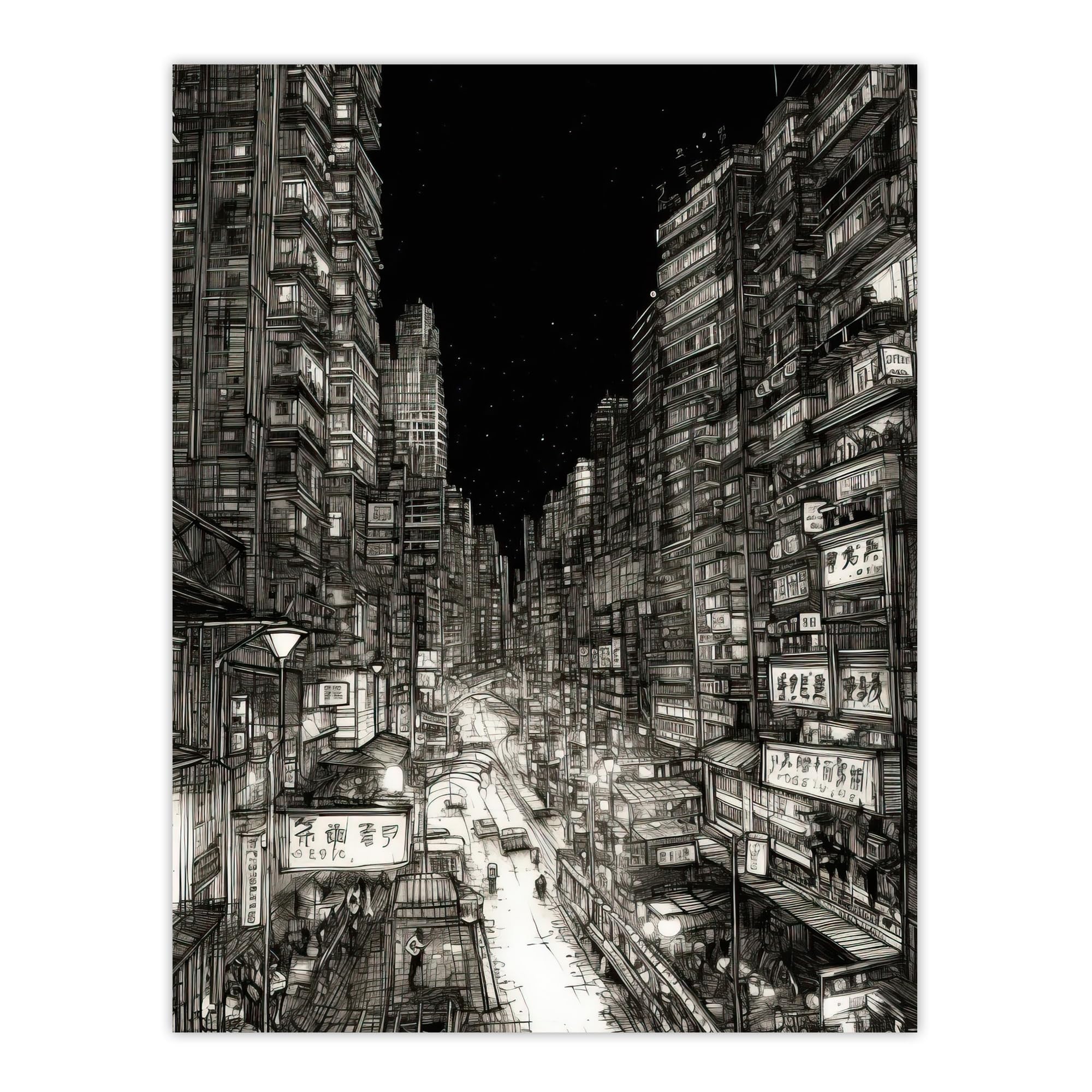 Artery8 Downtown Tokyo Sketch Cityscape Pen & Ink Drawing Japan Black White Large Wall Art Poster Print Thick Paper 18X24 Inch