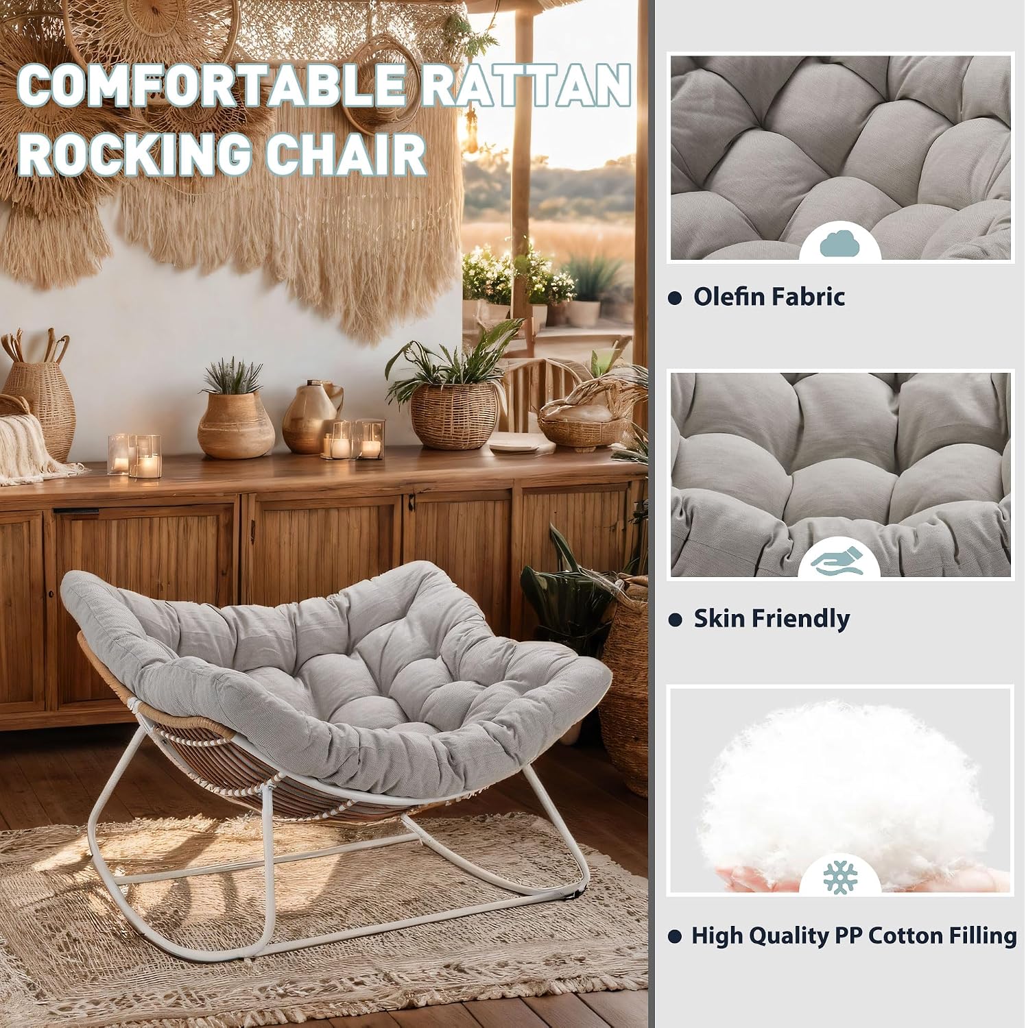 Outdoor Rocking Chair, Oversized Rattan Papasan Rocking Chair, Patio Wicker Egg Chair with Padded Cushion, Rocker Egg Chair for Living Room, Patio, Front Porch, Backyard