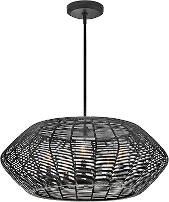 Hinkley 10385BK Luca Medium Single Tier Outdoor Chandelier, Weather-Resistant Woven Drum, Clear Seedy Glass Shades, Includes (1) 6" and (2) 12" Stems, Black Finish