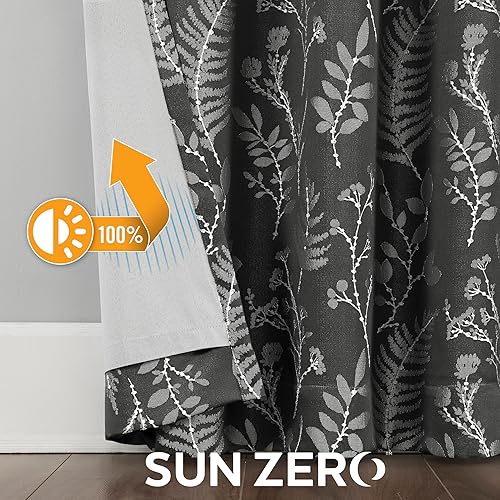 Miniatura 5 de Sun Zero Ambridge - Juego de 2 paneles de cortinas plisadas con diseño de hojas botánicas bordadas, 100 % opacas, 50 x 84 pulgadas, gris acero