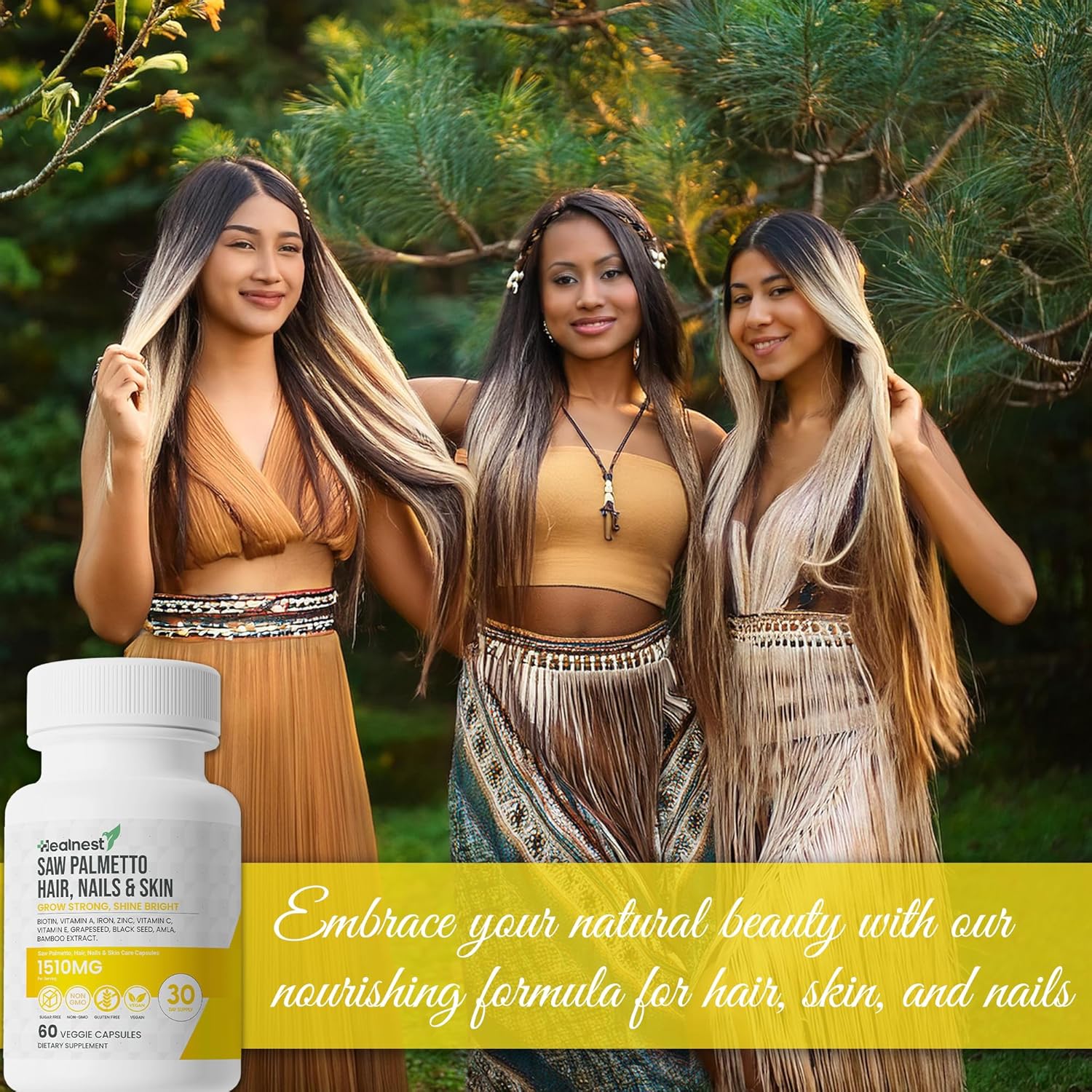 Hair, Nails & Skin Care with – Saw Palmetto, Biotin, Amla - 60 Non-GMO, Gluten Free, Veggie Capsules for Men and Women