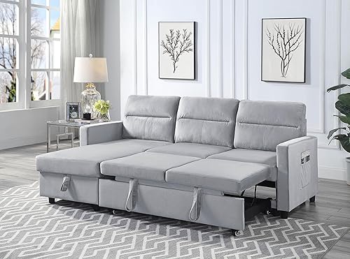 Lilola Home Sofá modular reversible de terciopelo con diván de almacenamiento y bolsillo lateral, color gris claro