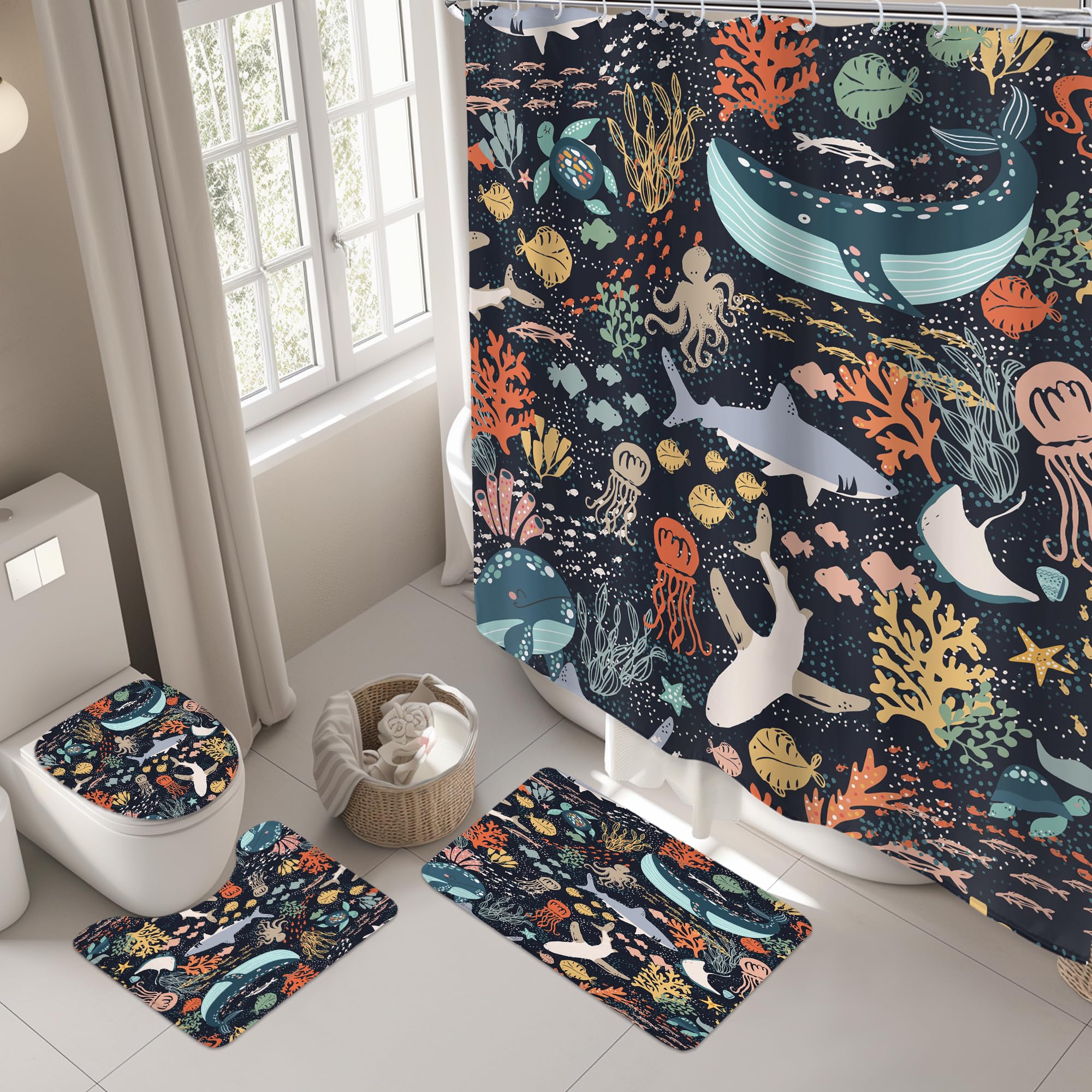 Riyidecor Juego de 4 cortinas de ducha para niños, diseño de pez tiburón, ballena azul del océano, animales marinos, juego de decoración de baño con alfombras y accesorios, alfombra de tapa de inodoro