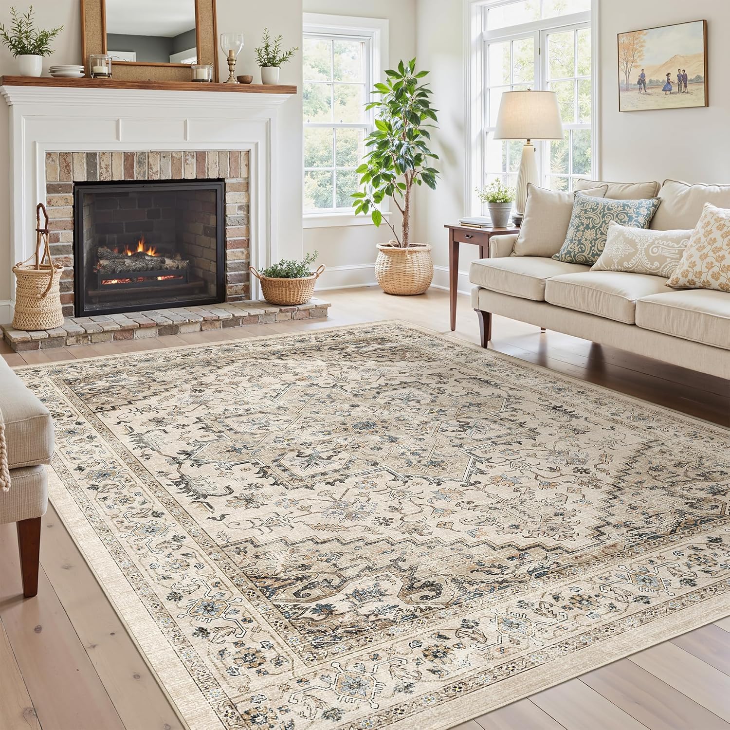 9x12 Area Rug Living Room, Large Rug with Anti-Slip Backing for Bedroom, Office, Vintage Floral Home Decor Rugs Under Table, Super Soft Thin Washable Farmhouse Area Rugs(Brown,9'x12') Brown 9' x 12' (Rectangular)