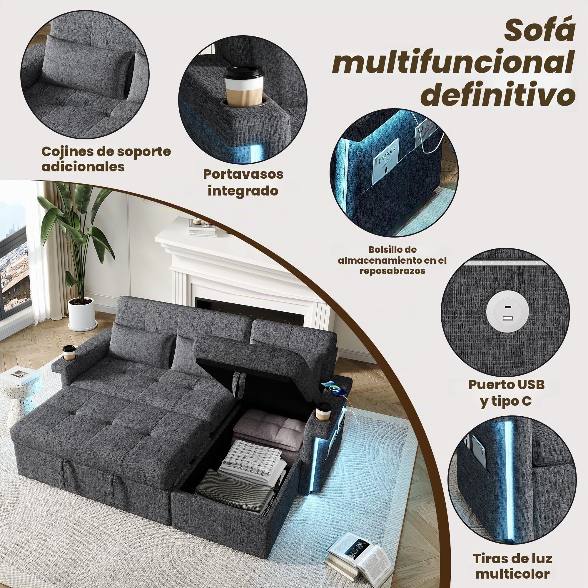 Sofá esquinero en forma de L con función de sueño, con espacio de almacenamiento, sofá de 3 plazas, convertible en sofá cama, con iluminación LED y puertos USB, respaldo ajustable con