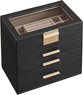 SONGMICS Schmuckkästchen, Schmuckkasten mit 4 Ebenen, Schmuckbox mit Glasdeckel, 3 Schubladen, für Sonnenbrillen, große Schmuckstücke, Schmuckaufbewahrung, modern, graphitschwarz-golden JBC161B02