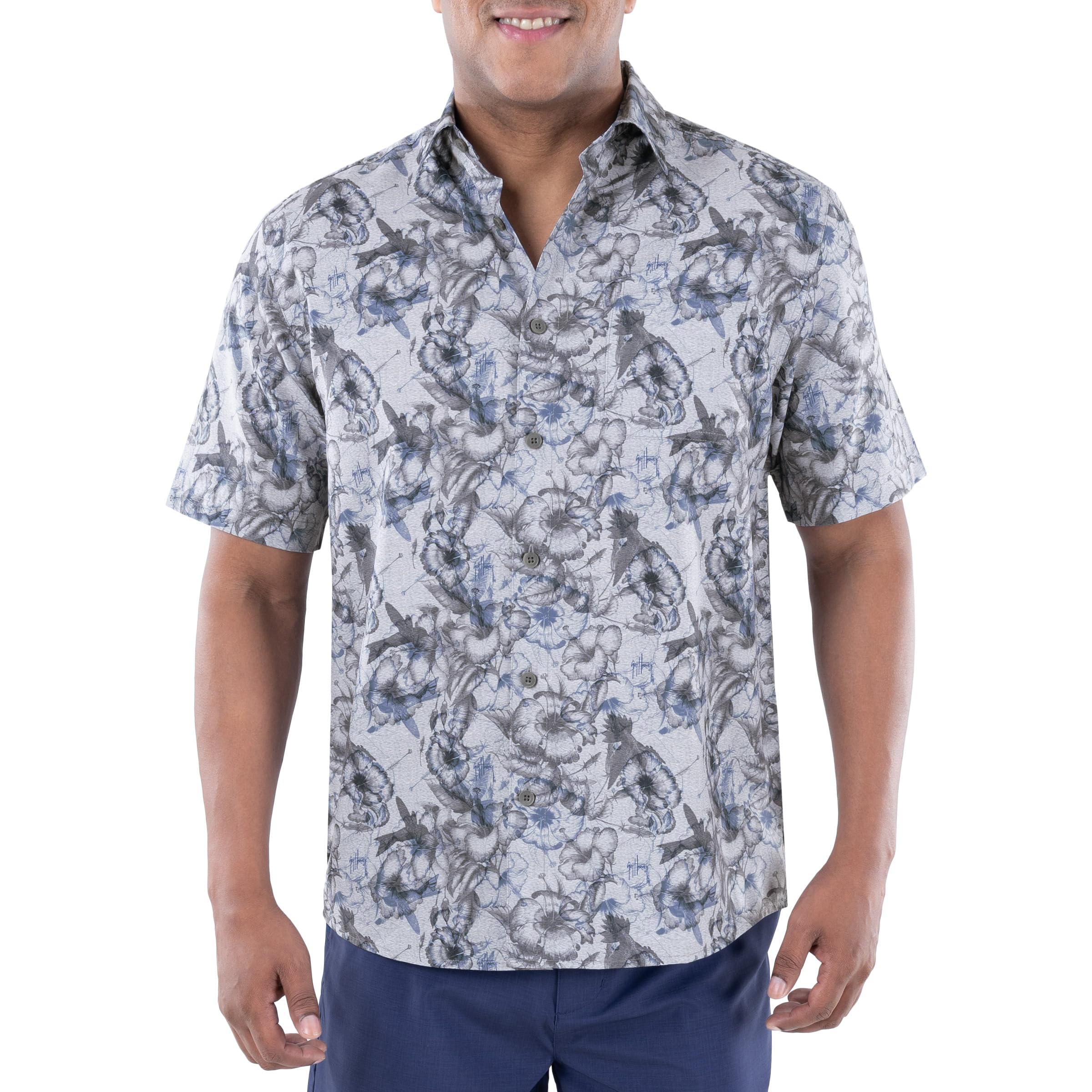 Guy Harvey Men's Short Sleeve Performance Fishing Shirt, Microchip/Hibiscus Heather, XXL