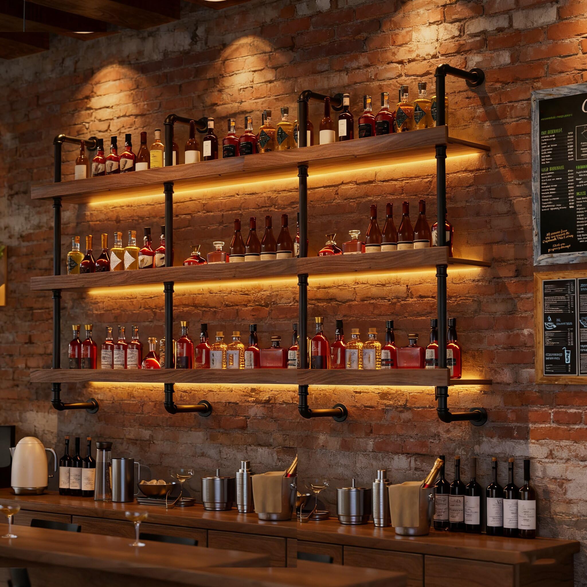 Weinregal Wand, Industrieller Massivholz Weinpareite Display Rack, 3 Ebenen Weinflaschenhalter Wandmontage, schwebendes Barregale Wand für Zuhause, Bar Deko, Küche, Restaurant (140cm)