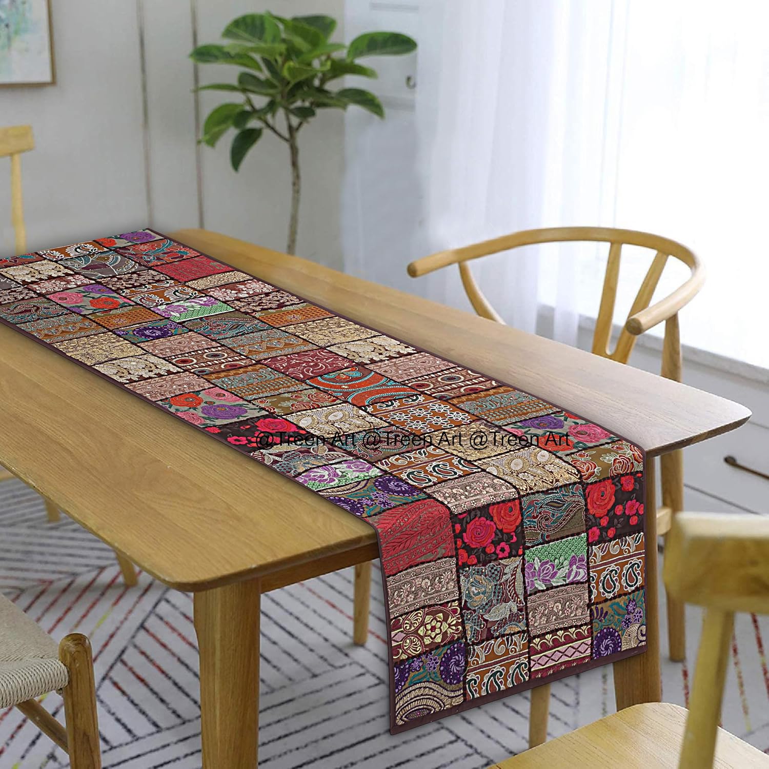 Treen Art New Linen Table Runner Ethnic 100% Cotton Embroidered Handcrafted Home Decor Long Patchwork Dining Table Cloth (Brown, 16"" W x 60"" L)