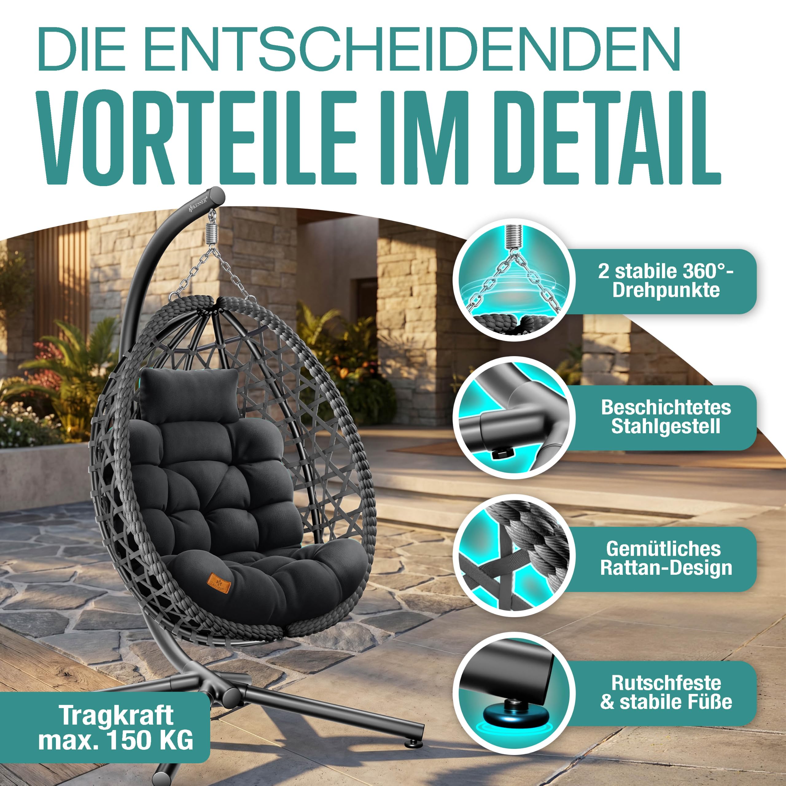 KESSER® Hängesessel mit Gestell Outdoor Indoor Schaukelstuhl Polyrattan 360° 150kg Tragkraft inkl. Polsterkissen & 2in1 Deckenhalterung + Cover – Relaxschaukel - Garten, Balkon, Terrasse, Anthrazit