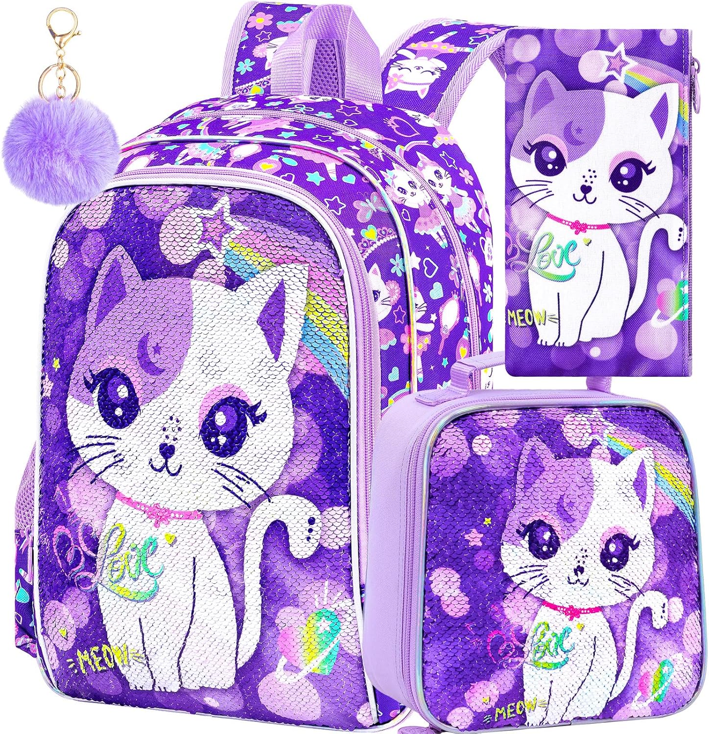 KLFVB 3PCS Unicorn Mermaid Backpack for Girls, 16" Sequin Kids Bookbag and Lunch Box, Preschool Backpacks for Elementary
