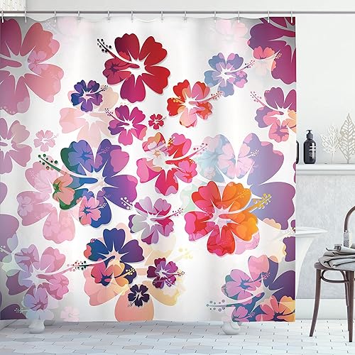 Miniatura 78 de Ambesonne Cortina de ducha hawaiana, diseño de hibisco hawaiano tropical, silueta de niña, tabla de surf, impresión de arte retro, juego de Fucsia