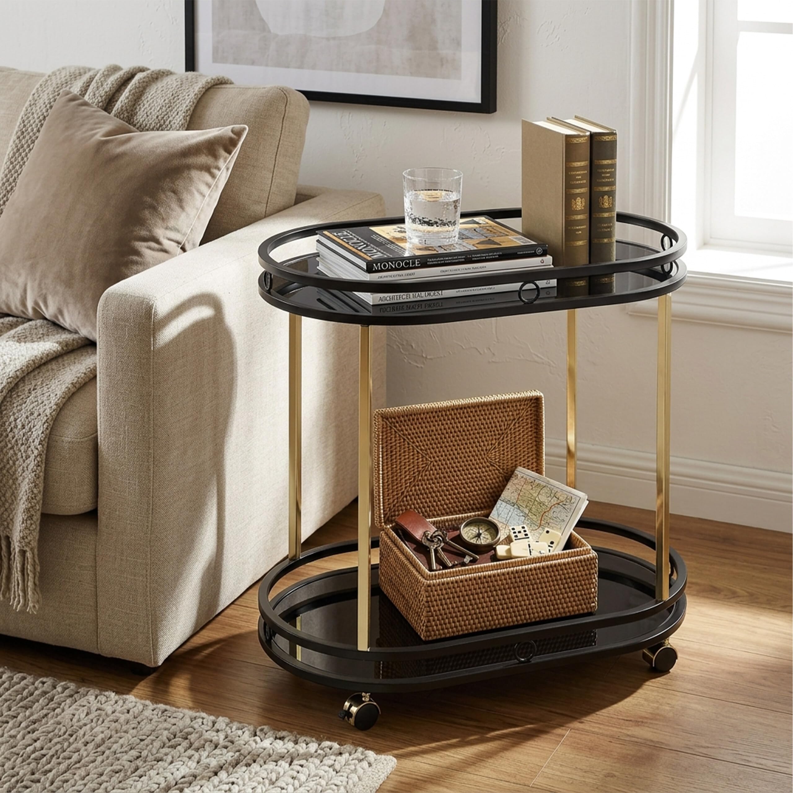 Relaxdays Carrito de Servicio, 2 bandejas, Cristal y Metal, Negro/Dorado | (Alto x Ancho x Fondo): 77,5 x 72 x 42 cm, carrito de cocina con 4 ruedas