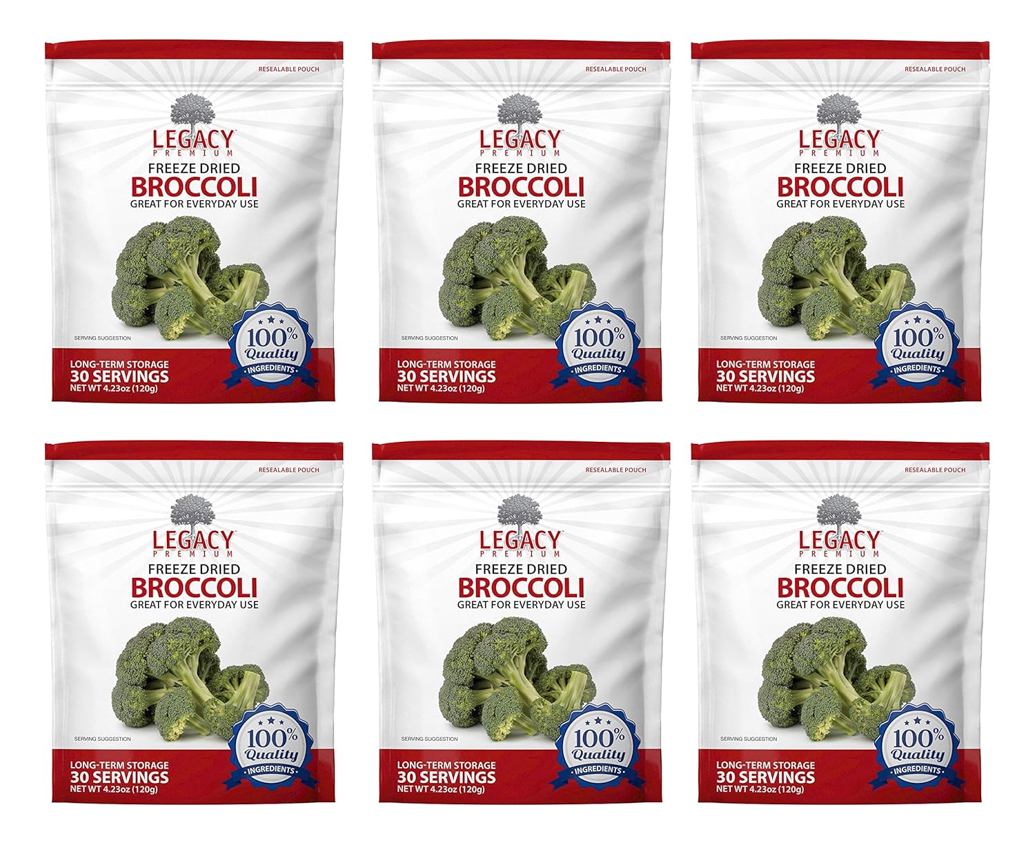 Legacy Essentials Freeze Dried Broccoli Florets- 15 Year Shelf Life for Emergency Survival Food Storage Supply - Bulk Ingredients (Quantity 6)