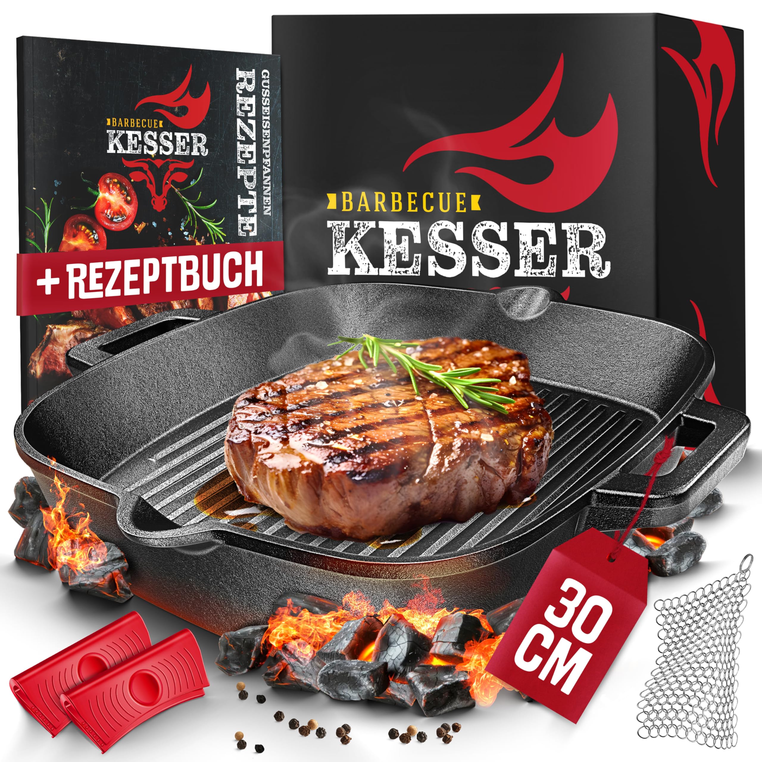 KESSER® Sartén de hierro fundido para inducción de 30 cm, sartén de hierro fundido, sartén para parrilla de gas, horno, parrilla de carbón, sartén para carne, incluye asas protectoras, libro de