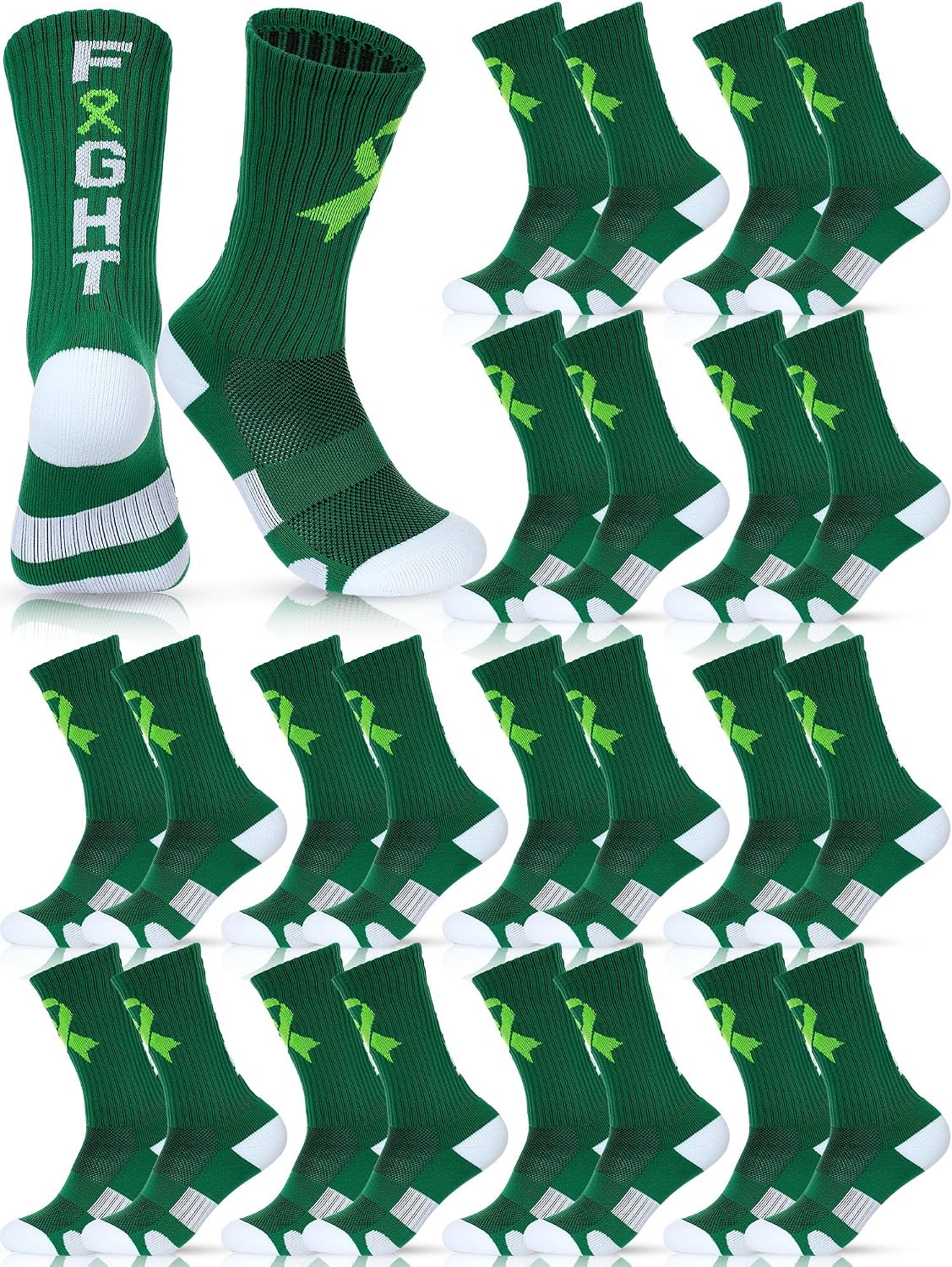 Chicingyou 12 Pairs Mental Health Awareness Socks Bulk, Green Ribbon Crew Football Socks Mental Health Gifts for Men Women