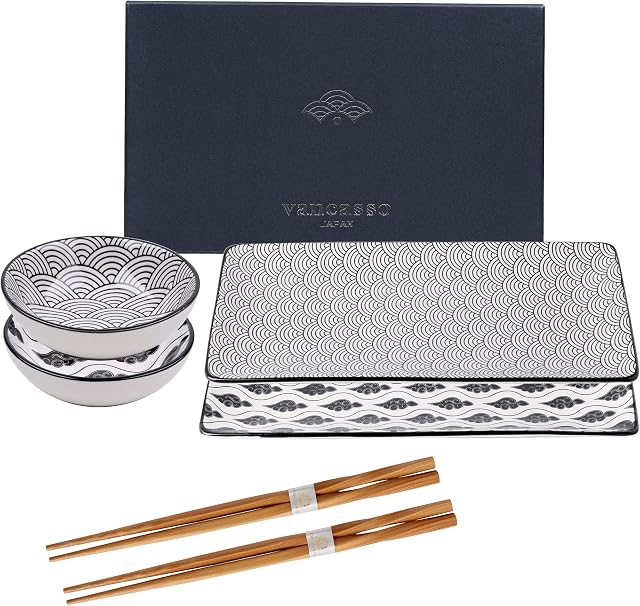 Vancasso Haruka zestaw do sushi, porcelana, japoński serwis stołowy, 6-częściowy zestaw naczyń dla 2 osób, zawiera talerze do sushi, miseczki na sos i pałeczki do jedzenia