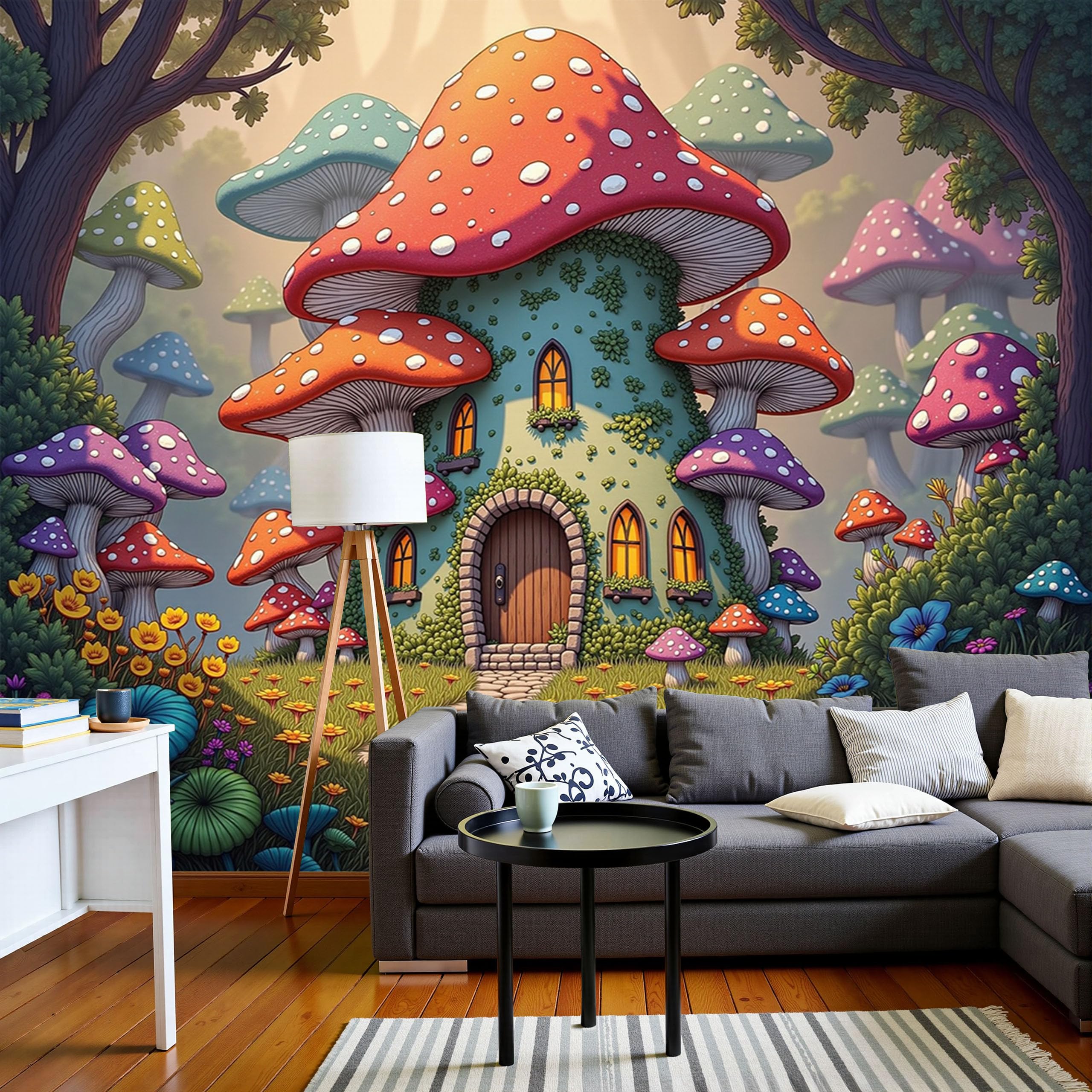 Papier peint panoramique forêt de dessin animé 300x210cm pour chambre d'enfant