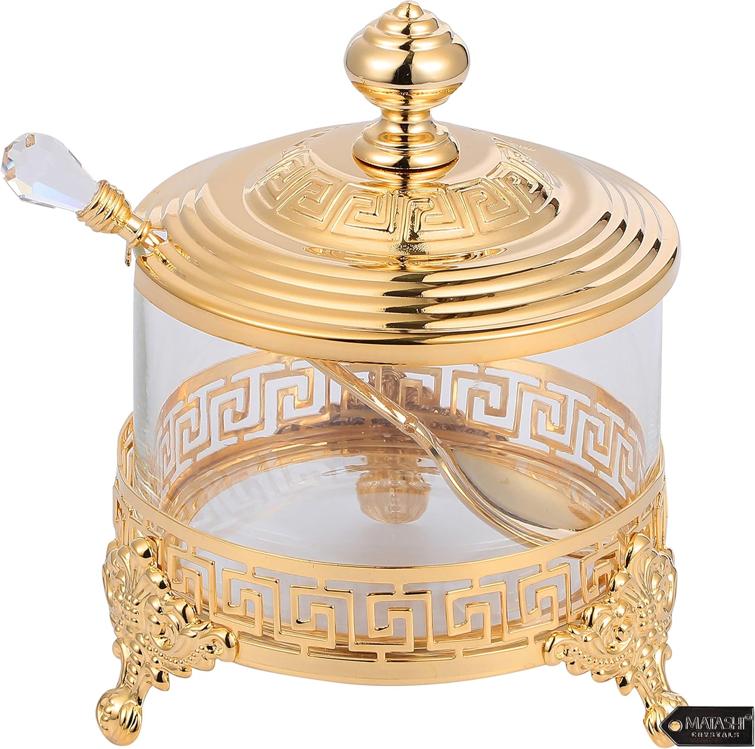 Matashi 24K Gold Plated Sugar Bowl, Honey Dish, Candy Dish Glass Bowl – Contemporary Design w/Crystal Studded Spoon – Birthday, Mother’s Day, Christmas, Anniversary - Gift for Mom, Wife, Her, Grandma