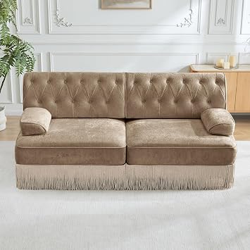 GOWE Soft Velvet Fabric Chesterfield Style Sofa,Button Tufted Design,Floor-grazing Tassel Fringe Skirt,Easy to Assemble,Free Combination,for Living Rooms Rest Areas Bedroom,Camel