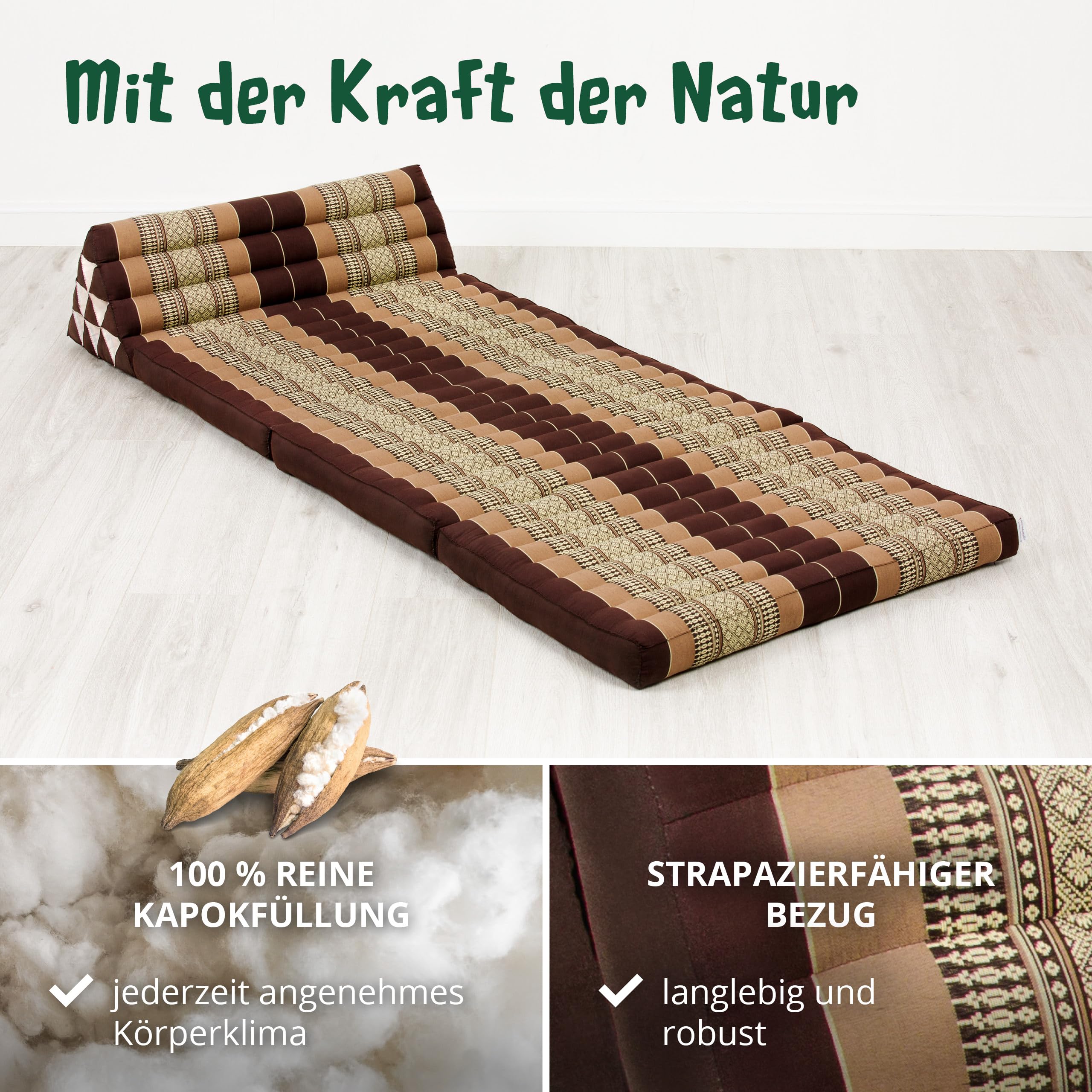 livasia Thaikissen 3 Auflagen für Paare XXL - 190x80x8cm - Dreieckskissen Klappmatratze, extrabreit Kapok, Rückenkissen faltbar, Thaimatte zum Klappen, Meditationskissen (Braun)