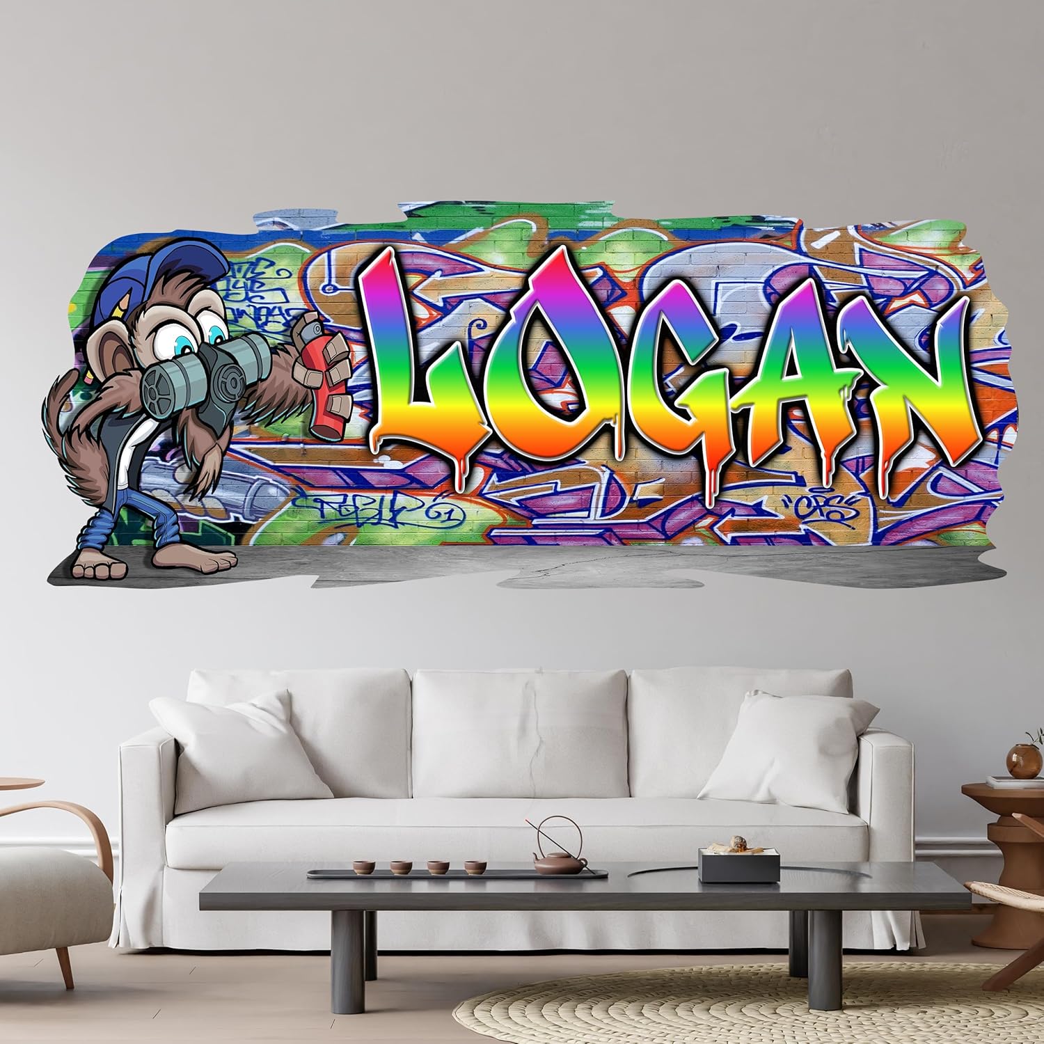 Personalized Graffiti Name Wall Decal – Custom 3D Cartoon Monkey Artist Removable Vinyl Street Art Mural Sticker for Bedroom, Game Room, or Office Decor (AKC33.3-M)
