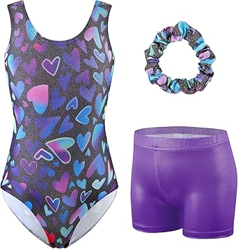 HOZIY Girls Gymnastics Leotards Outfits Sparkly Bow Back Unitards Biketard with Tumbling Shorts Hair band Kids 3-10 Years