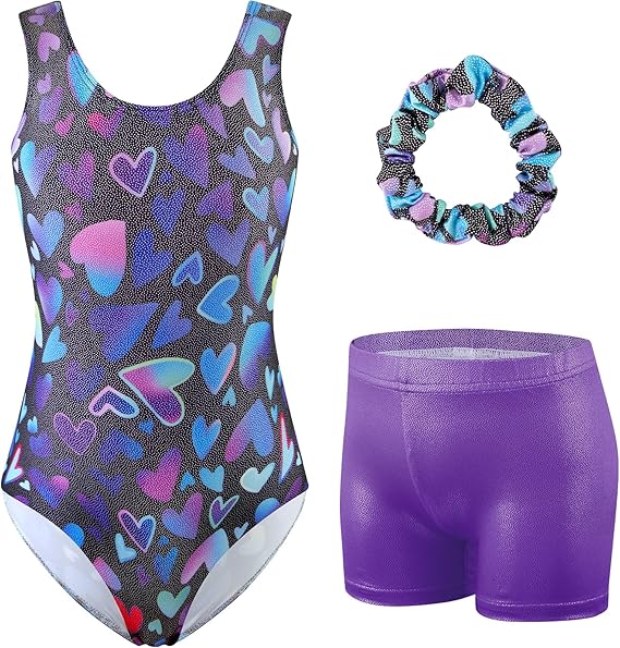 HOZIY Girls Gymnastics Leotards Outfits Sparkly Bow Back Unitards Biketard with Tumbling Shorts Hair band Kids 3-10 Years