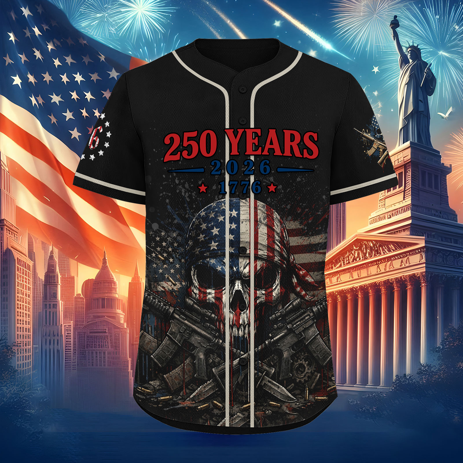 Men's Patriotic Skull Baseball Jersey 250 Years USA Independence Shirt American Flag Button Down Sports Jersey miniatura 7