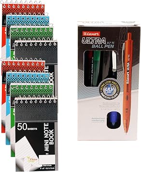 8 Pack Personal Mini Notebooks, 3x5-Inch, College Ruled, White, 50 Pages per, Colors Black, Blue, Green, Red - 10 Pack 0.7mm Ultra Ball Pen, Smooth Flow Ink 8 Mini-Notebooks, 10 Ultraball Pens