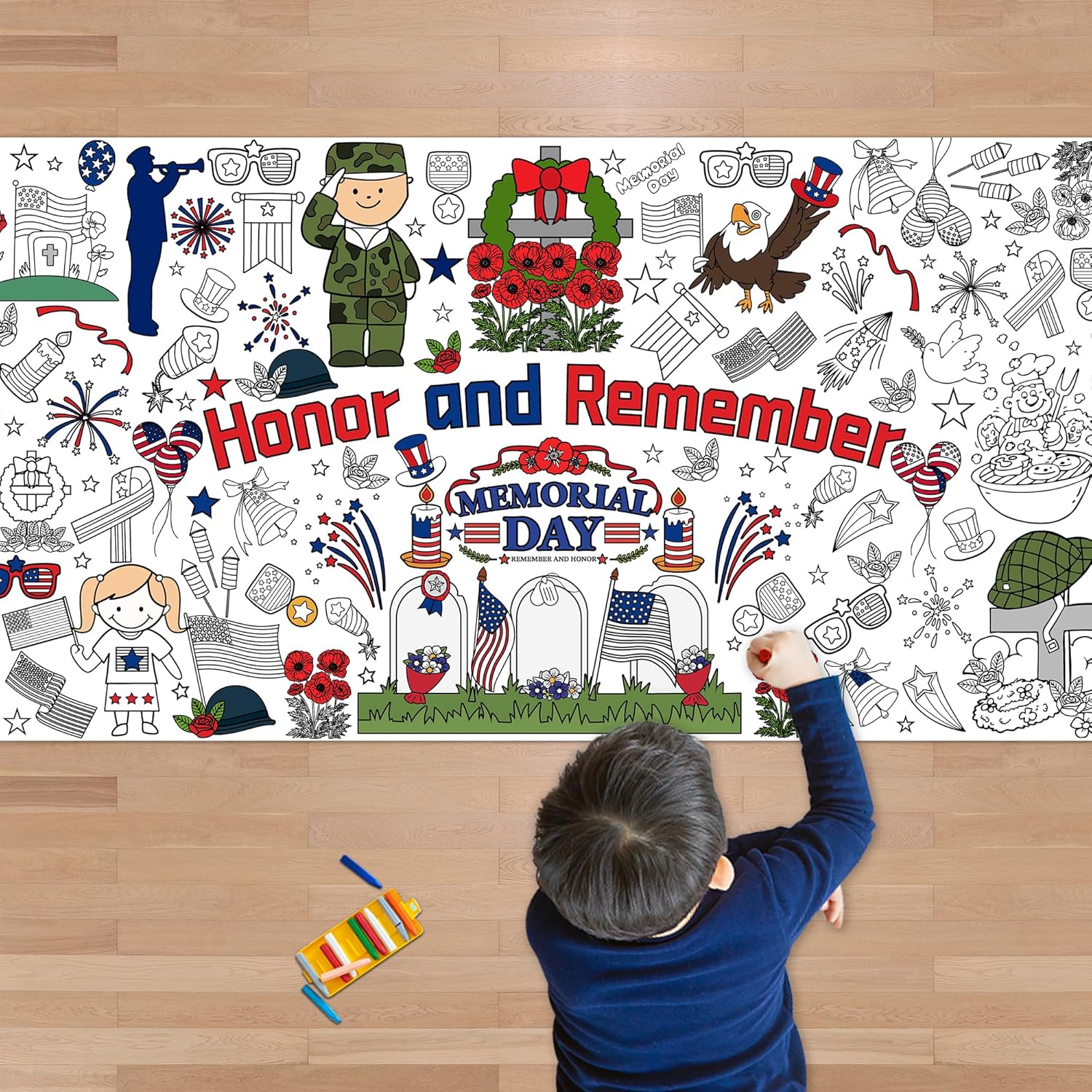 OHOME Memorial Day Giant Coloring Poster/Tablecloth - Memorial Day Decorations - 30 x 72 Inches Jumbo Coloring Banner Crafts Gifts Activities Accessories Decor Party Decorations