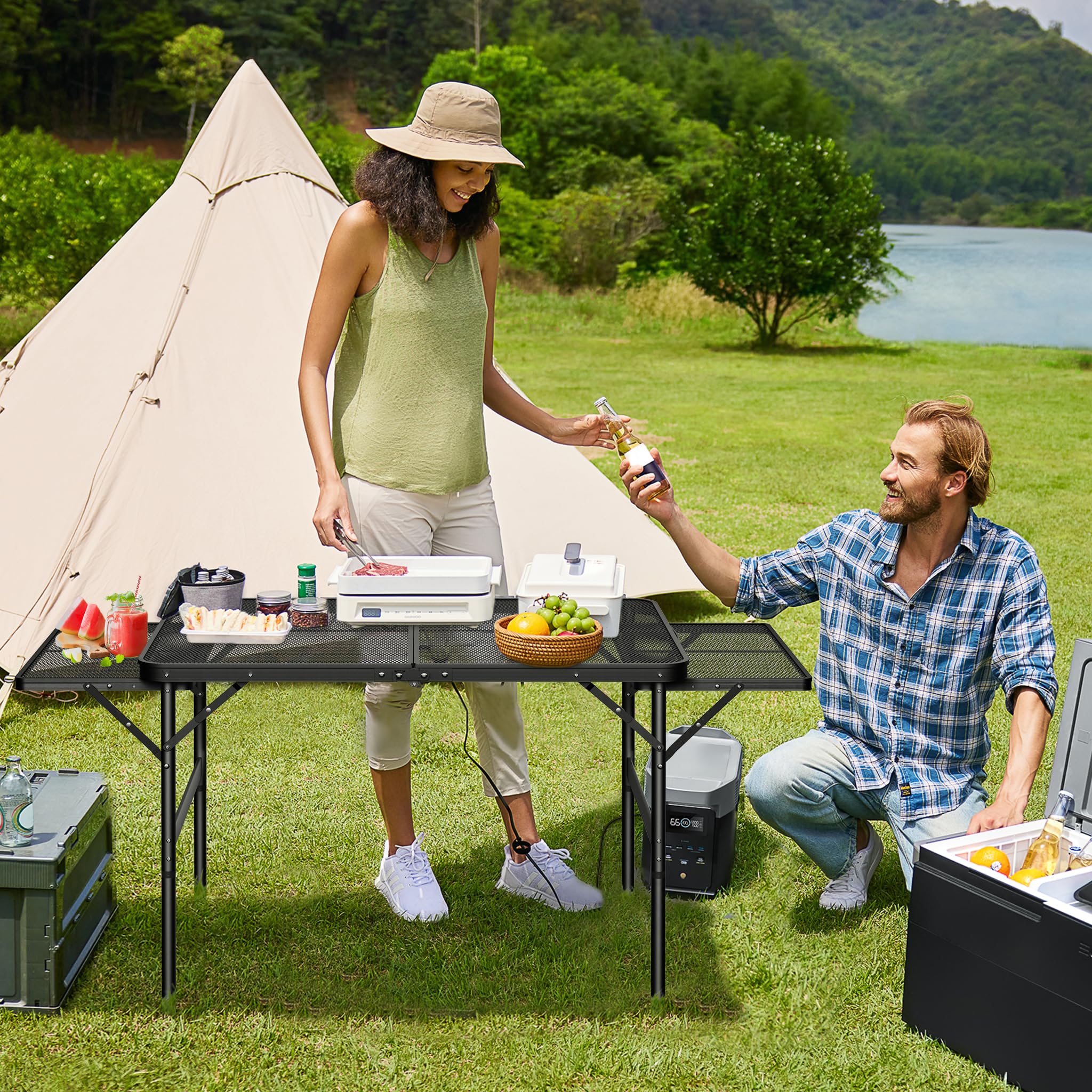 UISEBRT Tavolo da campeggio pieghevole da giardino, leggero e portatile, piccolo tavolo da barbecue con scrivania in rete, per picnic, campeggio, barbecue, 90 x 60 x 39 cm
