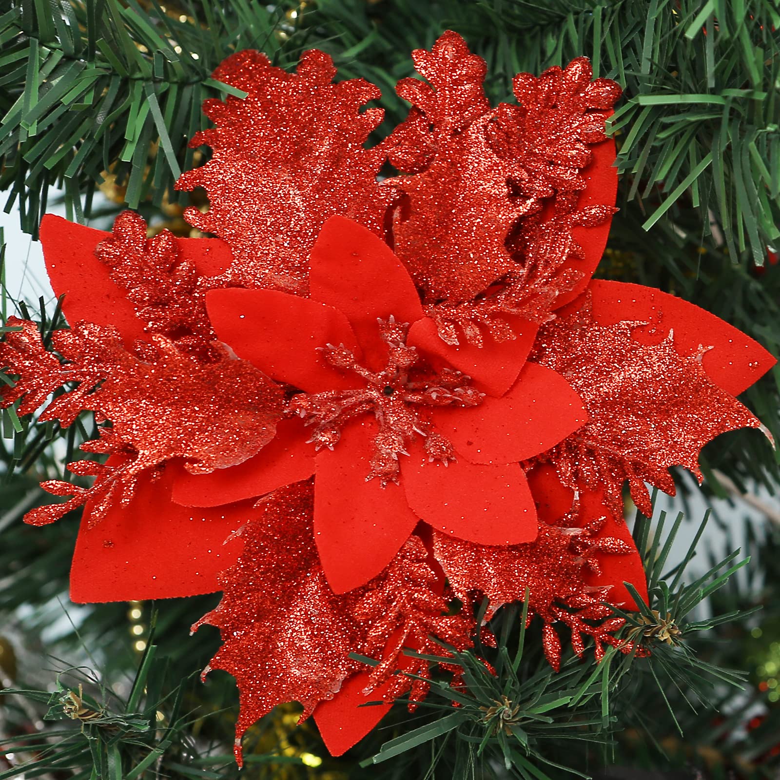 12 Pcs Poinsettia Artificial Christmas Flowers Decorations with Clips and Stems Glitter Christmas Poinsettia Decorations for Xmas Tree Ornaments Winter Party Wreath Decoration (Red)