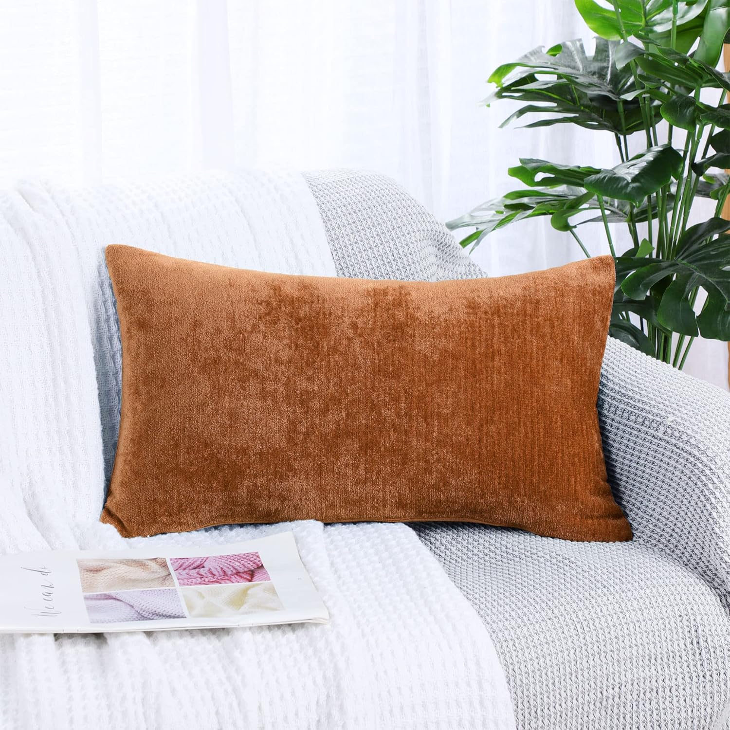PiccoCasa Chenille Throw Pillow Covers, Soft Decorative Cushion Covers Water Repellent Couch Pillowcase Home Cute Pillowcases for Sofa Car, 12x20 Inch Burnt Orange - Image 2