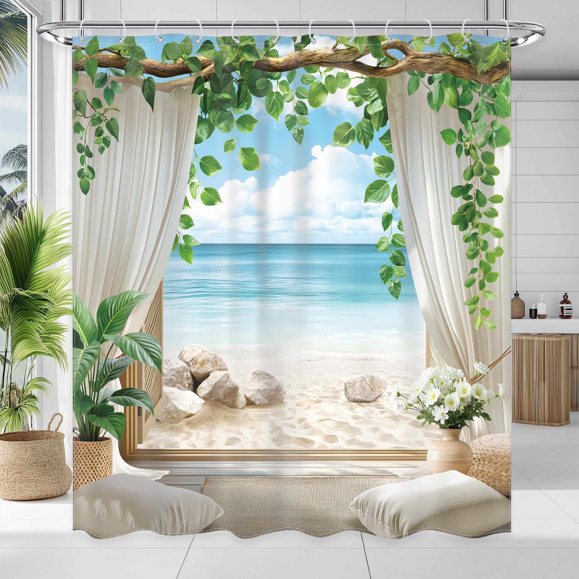 Newsely Ocean Beach Shower Curtain 60Wx72L Inch Beachy Tropical Coastal Blue Sea Summer Hawaiian Nature Landscape Green Leaves Bathroom Set Modern